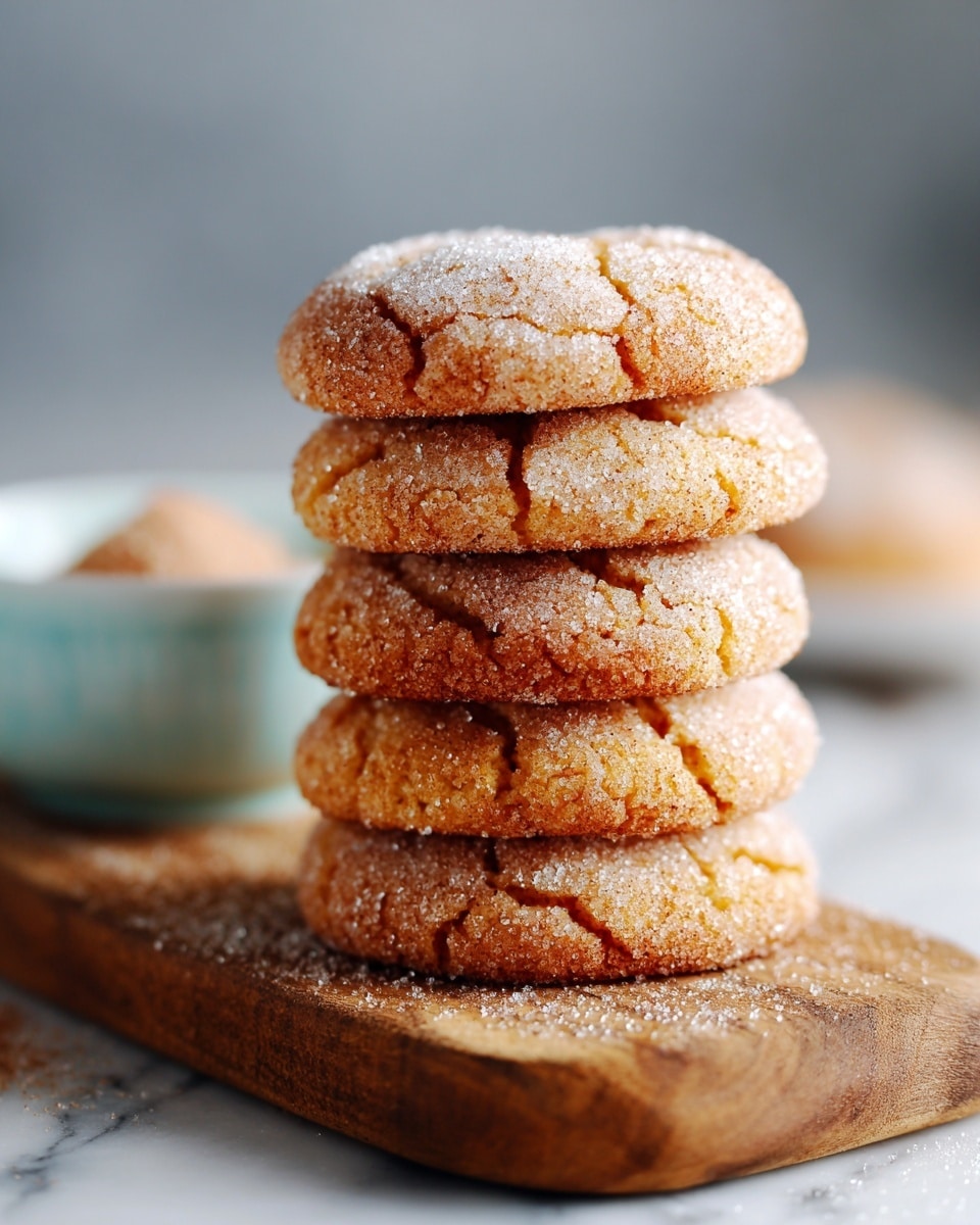 The image shows a stack of four soft cookies with a golden brown color and a crumbly texture, coated in a layer of cinnamon sugar that gives them a slightly rough surface. The cookies sit on a wooden board with some granulated sugar sprinkled nearby and a white bowl with blue patterns partially visible on the left, filled with more cinnamon sugar. The background is blurred, focusing on the warm, inviting look of the cookies stacked neatly. Photo taken with an iphone --ar 4:5 --v 7