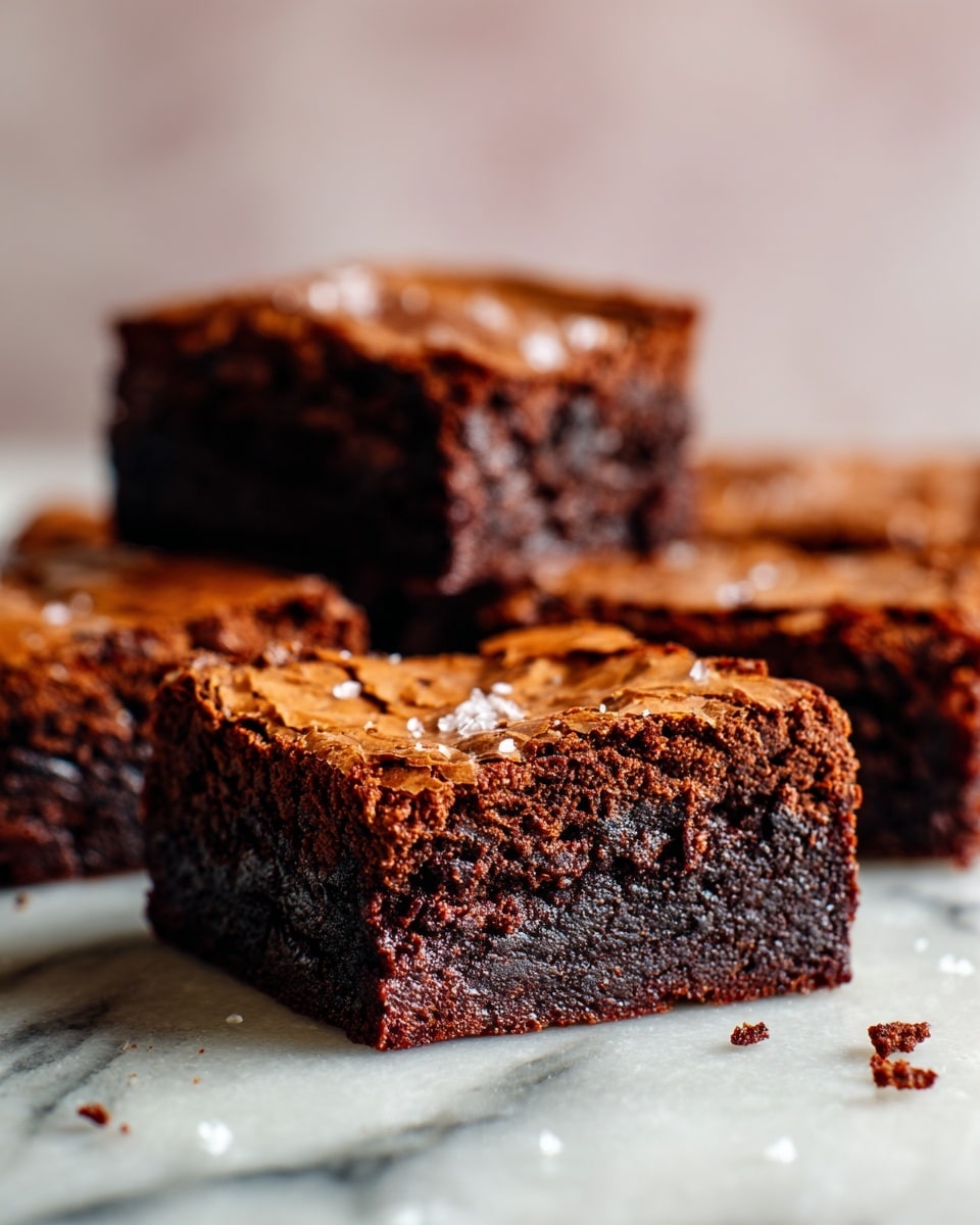 The image shows five thick chocolate brownies placed on a white marbled texture. Each brownie is a single layer with a dense, moist, and slightly crumbly dark brown interior. The top layer is a thin, cracked crust that is a lighter brown and looks slightly shiny. The brownies are cut into neat squares with clean edges, and the focus is sharp on the front brownie, with the others softly blurred in the background. photo taken with an iphone --ar 4:5 --v 7