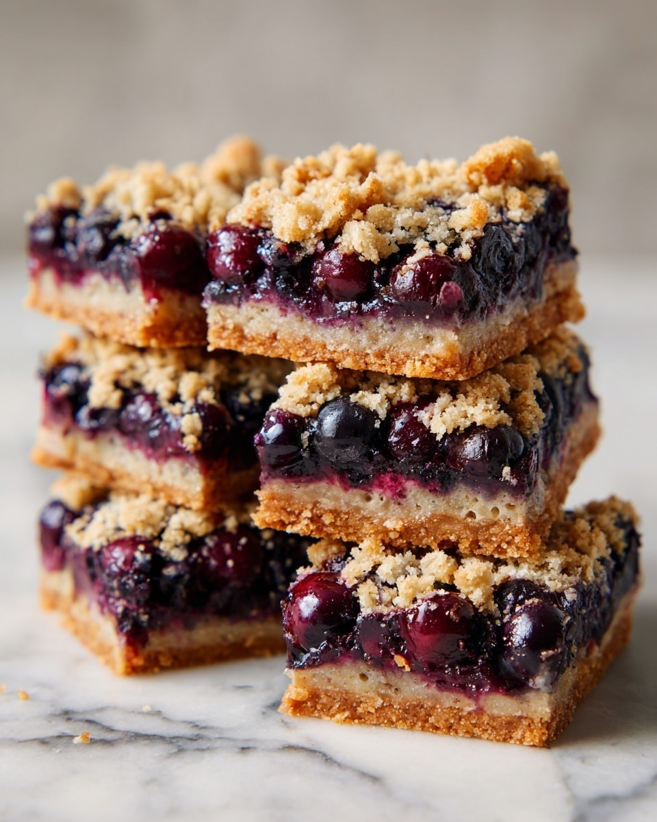 The image shows several square blueberry crumble bars placed on a white marbled surface. Each bar has three distinct layers: a light golden brown crumbly base, a thick middle layer of dark purple blueberry filling with visible whole blueberries, and a top layer of golden crumble made of oats and small clumps of dough. The crumble layer adds a rough texture and is evenly spread across the bars. The bars are arranged closely together in the frame, some blurred in the background to create depth. Photo taken with an iphone --ar 4:5 --v 7