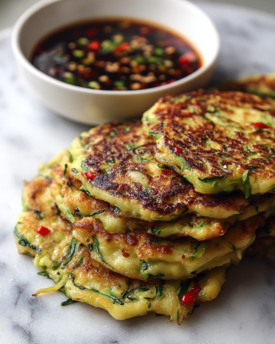 Four round golden brown zucchini pancakes sit stacked slightly overlapping on a white marbled surface. Each pancake shows thin, green zucchini strips mixed with small pieces of red chili and green onions, giving a mix of green, red, and yellow colors with a crispy texture on the edges. Behind the pancakes, there is a white bowl filled with dark soy dipping sauce that has last bits of chopped green herbs and chili slices floating on top. The image is sharp with clear textures on the pancakes and the smooth white marble below. photo taken with an iphone --ar 4:5 --v 7