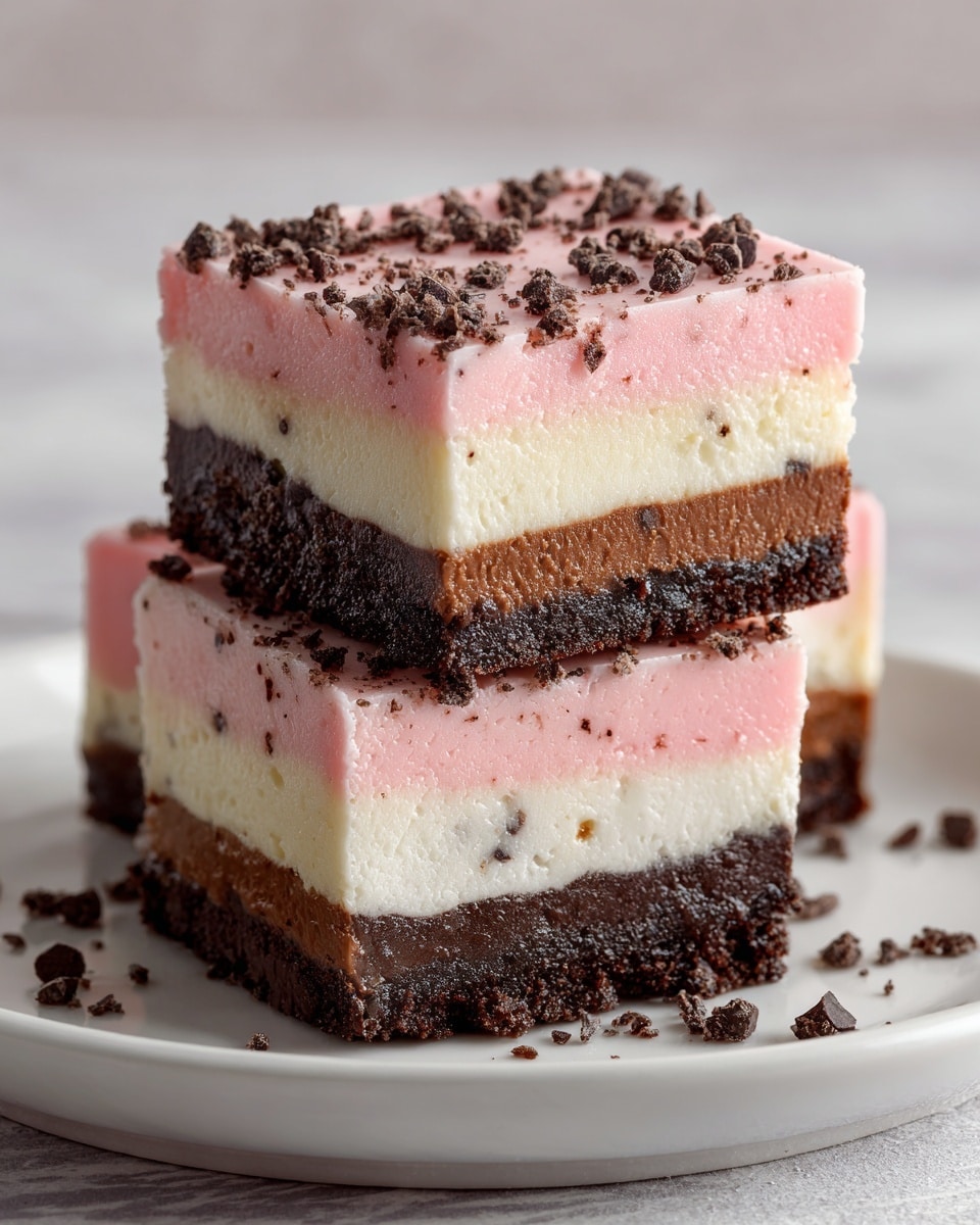 Two square dessert bars are stacked on a white plate with a white marbled surface in the background. Each bar has three distinct layers: the bottom layer is dark brown and crumbly like a cookie crust, the middle layer is smooth and creamy pale yellow, and the top layer is pink and glossy. The top bar is decorated with small dark chocolate chips and some tiny crumbs scattered over the pink surface. Around the plate, a few chocolate chips and crumbs are spread loosely, adding texture to the simple setting. The focus is close-up, showing the rich texture and neat layers of the bars clearly. photo taken with an iphone --ar 4:5 --v 7