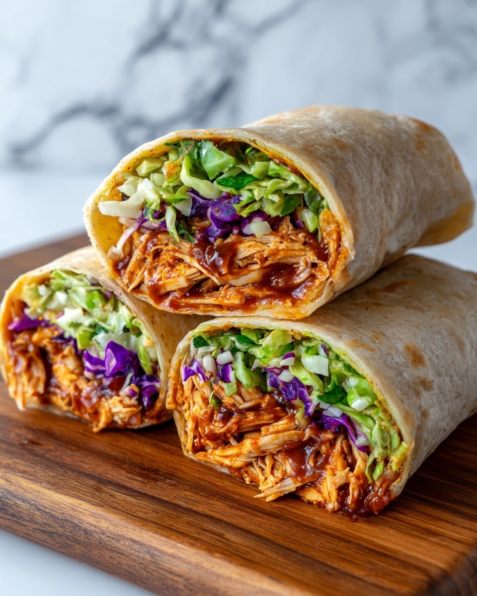 The image shows two rolled wraps placed on a wooden board against a white marbled background. Each wrap is cut in half to reveal three layers inside: the top layer is shredded orange chicken covered with a thick, glossy brown sauce; below it is a mix of shredded purple and white cabbage for a crunchy texture; the bottom layer contains fresh green lettuce leaves. The soft tortilla wraps have light brown char marks, giving a grilled look. photo taken with an iphone --ar 4:5 --v 7
