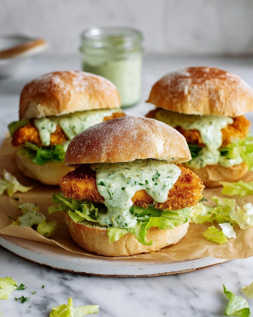 The image shows three sandwiches on a white plate with brown parchment paper. Each sandwich is made with a golden brown hoagie roll dusted with white flour. Inside, there is a layer of green leafy lettuce at the bottom, topped with a crispy, breaded golden-brown fried fish fillet. On top of the fish fillet, there is a thick layer of creamy white sauce speckled with green herbs. The sandwiches are set on a white marbled surface with a small glass jar of extra sauce and a basket of food blurred in the background. Photo taken with an iphone --ar 4:5 --v 7