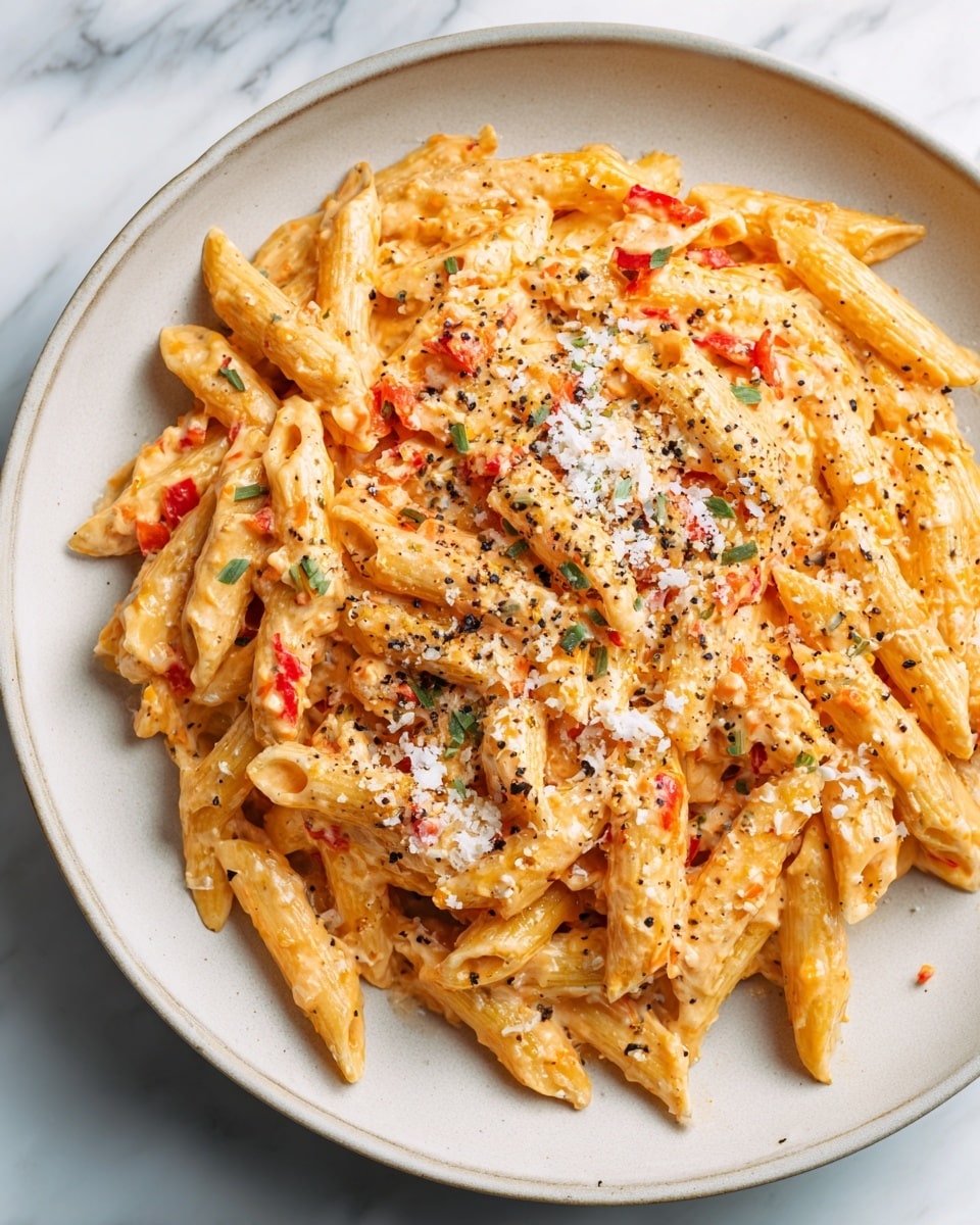 A white round bowl filled with creamy penne pasta, coated in a smooth light orange sauce, mixed with small red bell pepper pieces scattered throughout. The pasta looks soft and tender, with a light sprinkling of grated white cheese and finely chopped green herbs on top, along with a few tiny bits of red chili flakes adding texture and color. The bowl sits on a white marbled surface, showing the rich sauce clinging to each penne piece, creating a warm and inviting appearance. photo taken with an iphone --ar 4:5 --v 7