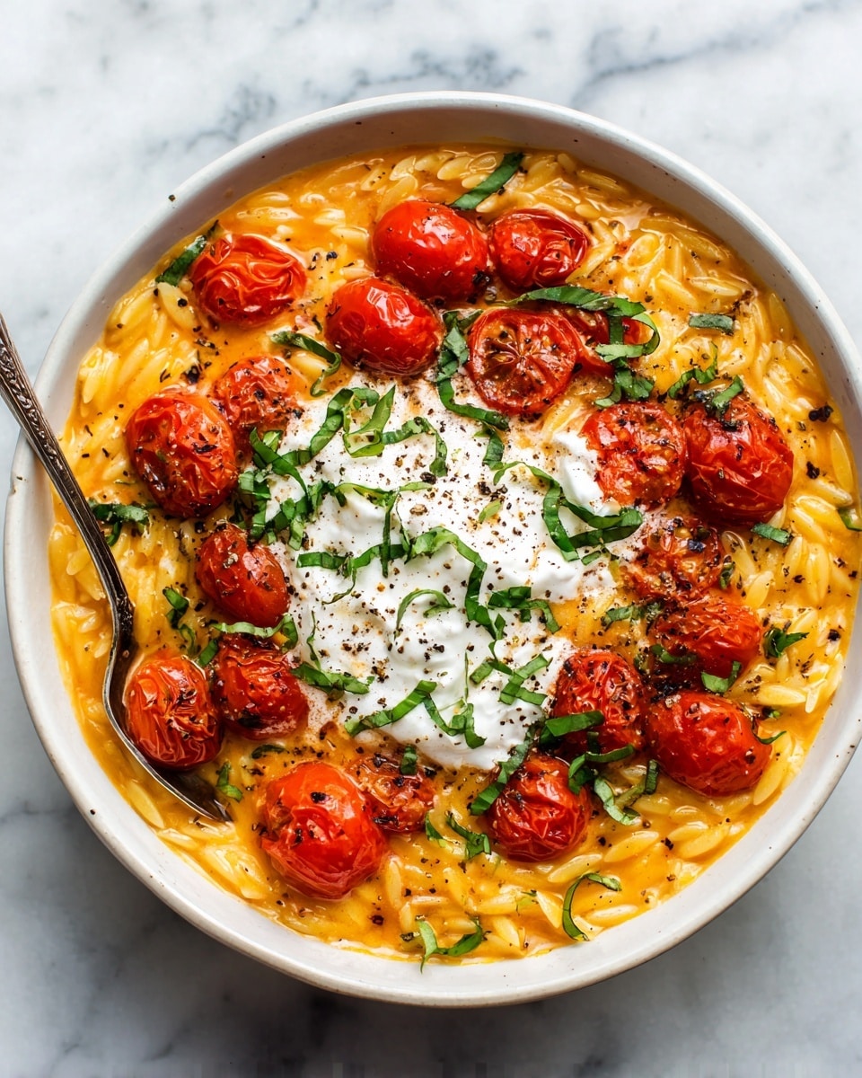 A white bowl holds a creamy dish with three main layers: the bottom layer is orzo pasta coated in a rich, orange-red sauce, topped with a middle layer of whole roasted cherry tomatoes that are bright red with wrinkled skins, scattered evenly. The top layer is a dollop of white creamy cheese or yogurt placed at the center, sprinkled with chopped green herbs and black pepper. The dish is garnished with finely chopped green herbs scattered around, and a silver spoon rests inside the bowl on the left side. The background is a white marbled texture. Photo taken with an iphone --ar 4:5 --v 7