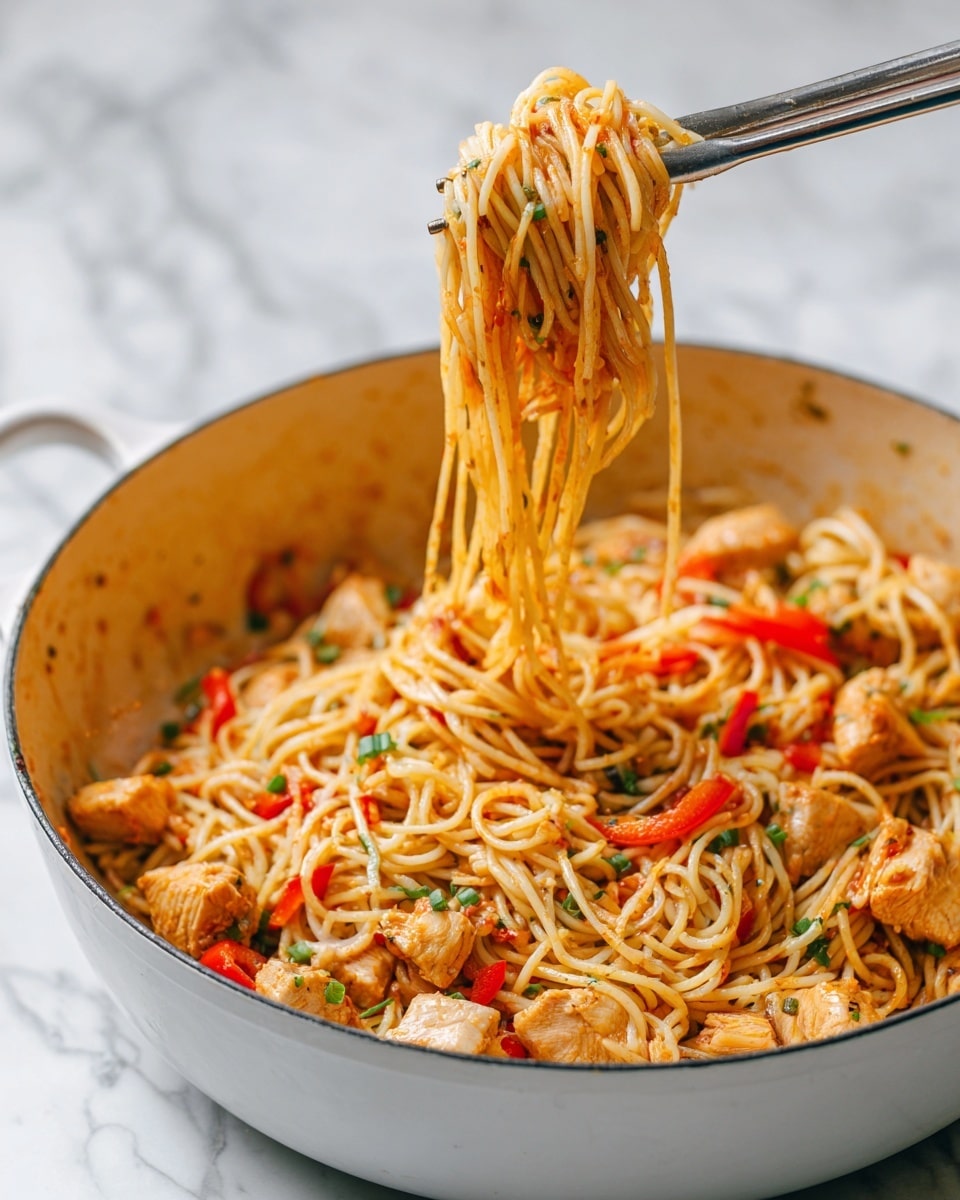 A close-up view of a red cast iron pan filled with stir-fried spaghetti mixed with cooked chicken chunks and slices of red bell pepper and green chili. The spaghetti strands are light yellow and slightly coated in a red sauce, intertwining with the tender, golden-brown pieces of chicken. The vegetables add bright red and green colors that contrast with the pasta and meat. Stainless steel tongs lift some of the spaghetti in the top center of the pan. The pan rests on a white marbled surface. photo taken with an iphone --ar 4:5 --v 7