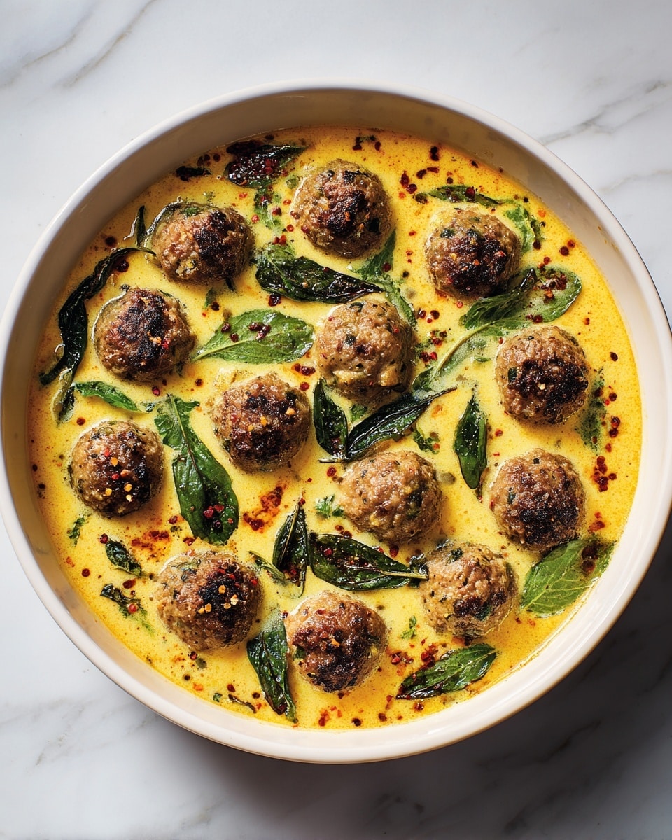 The image shows a white bowl filled with round, golden-brown meatballs sitting in a thick, creamy yellow sauce with visible green spinach leaves scattered throughout. The sauce has a smooth texture with tiny red chili flakes on top adding color contrast. The meatballs have a browned, slightly crispy outside, and the spinach adds a fresh green touch. The bowl is on a white marbled surface. photo taken with an iphone --ar 4:5 --v 7