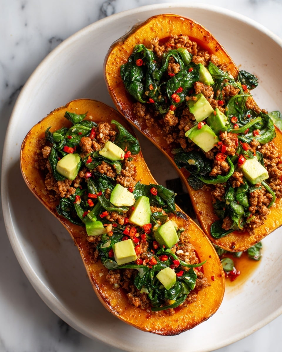 The dish shows two halves of roasted orange squash placed side by side in a white bowl. Each half is topped with a generous layer of lightly browned ground meat mixed with wilted green spinach leaves. Scattered on top are small chunks of bright green avocado, with some red chili flakes adding bits of red color. The surface has a slight glossy look from cooking oil, and the bowl sits on a white marbled texture background. photo taken with an iphone --ar 4:5 --v 7