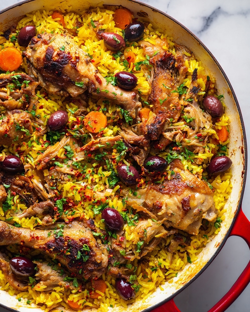 A close-up top view of a large white round pan filled with cooked yellow rice mixed with orange carrot pieces and black olive chunks scattered throughout. On top and mixed in the rice are medium browned chicken pieces with visible crispy skin and tender meat. Small green herb bits and red chili flakes are sprinkled over the dish, adding texture and color contrast. The pan rests on a white marbled surface. photo taken with an iphone --ar 4:5 --v 7