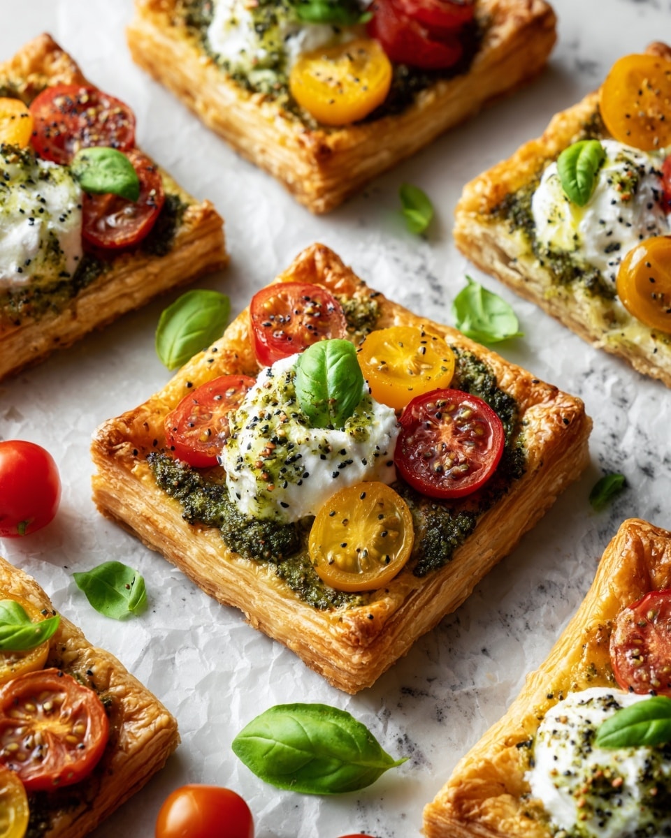 This image shows several square slices of a tomato tart on crumpled white parchment paper over a white marbled surface. Each tart slice has a base layer of golden, flaky puff pastry with folded edges sprinkled with seeds. On top of the pastry is a green pesto spread evenly, followed by a dense layer of halved cherry tomatoes in red, yellow, and orange, creating bright spots of color. Small dollops of white creamy ricotta cheese are placed on the tomatoes, with green basil leaves and spoonfuls of pesto sitting on top. The tart slices look fresh, colorful, and inviting, with some loose basil leaves and whole tomatoes scattered around. Photo taken with an iphone --ar 4:5 --v 7