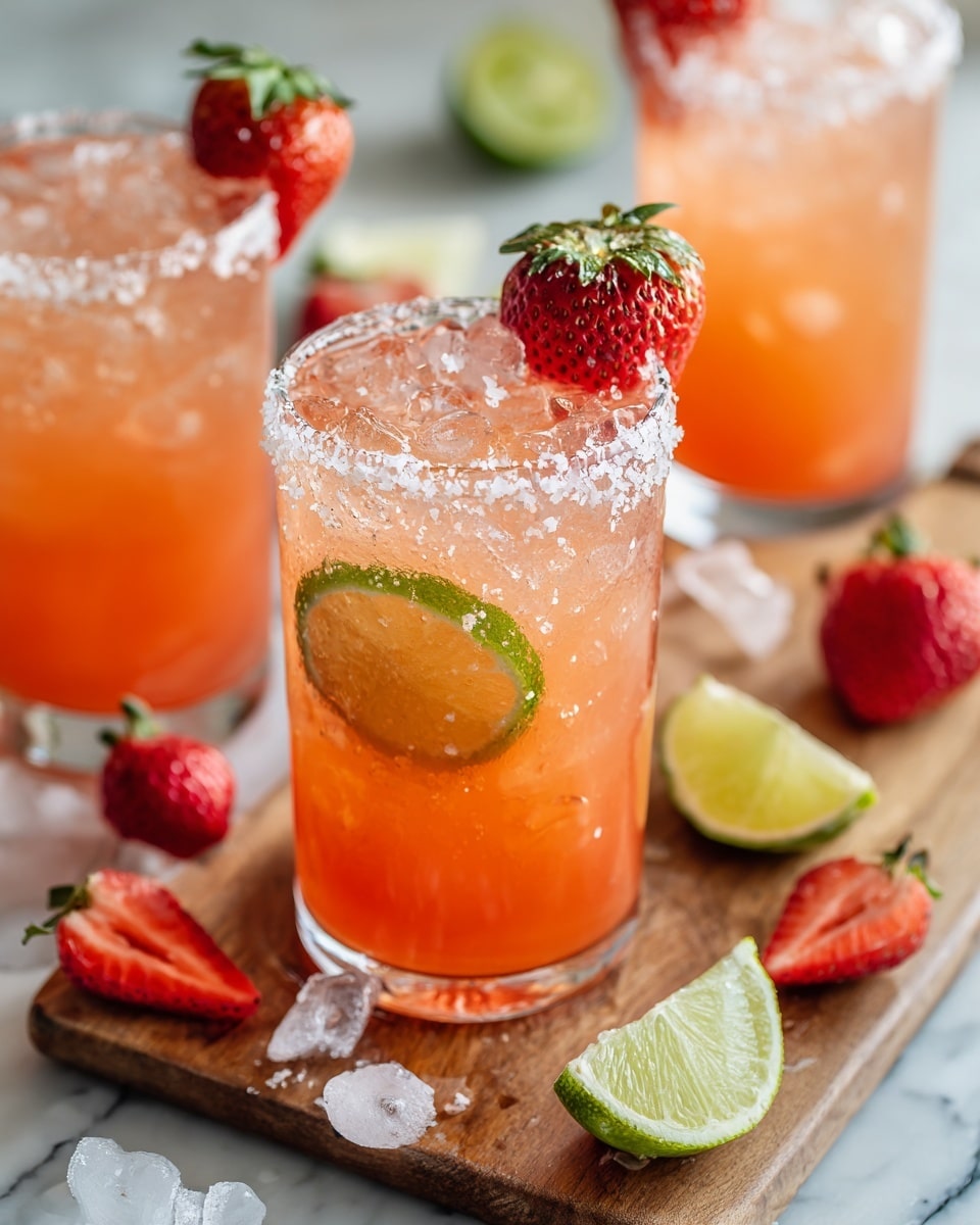A clear glass filled with an orange-red drink with ice cubes and slices of lime floating inside, around two lime slices are visible near the front side of the glass, the rim is coated with coarse salt, and a half strawberry with green leaves is placed on the rim. The glass is placed on a wooden round board covered with pieces of crushed ice, with a few whole and cut strawberries and lime wedges scattered around. In the blurred background, there are similar glasses with the same drink and strawberry garnish. The whole setup is on a white marbled surface. photo taken with an iphone --ar 4:5 --v 7