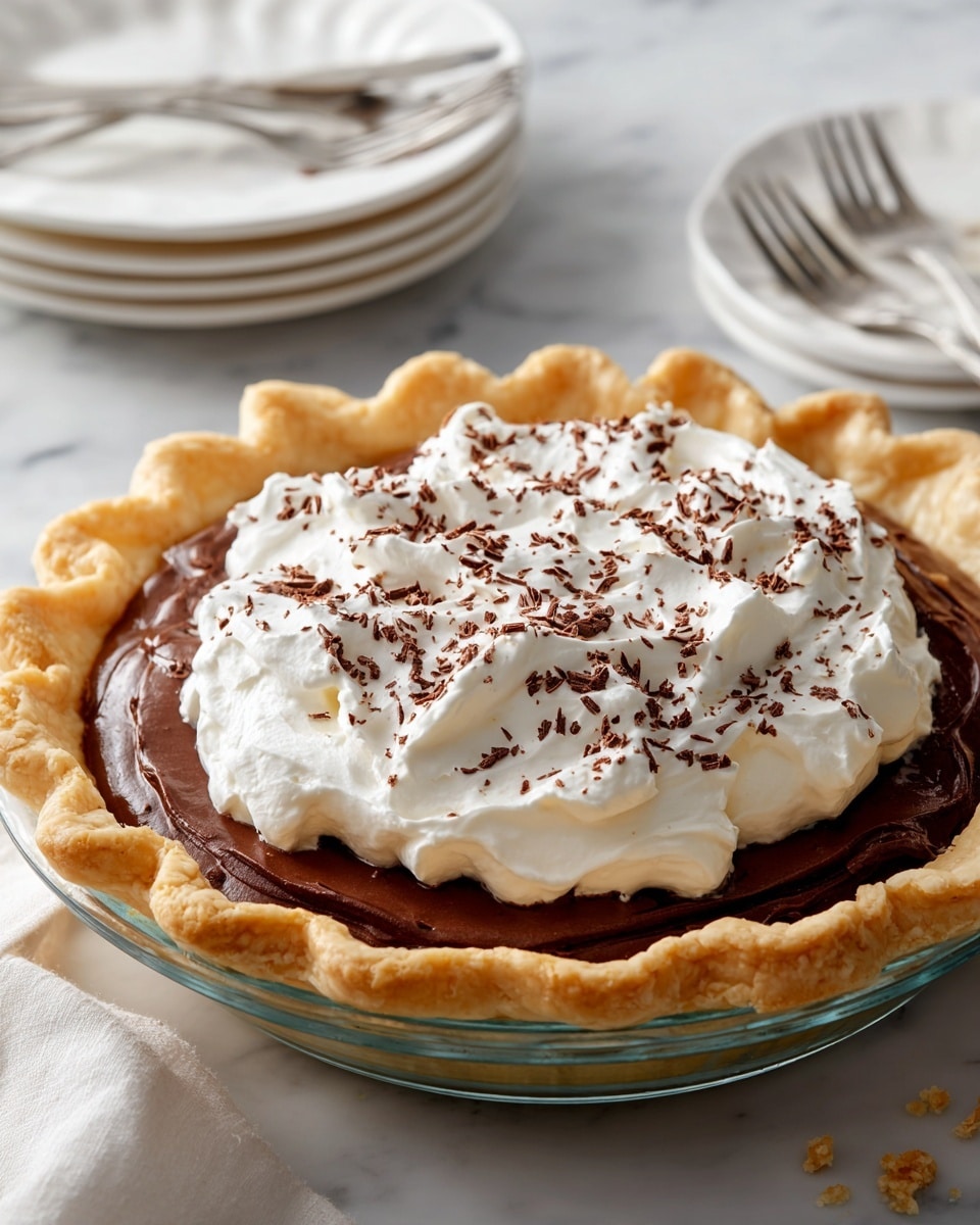 A close-up top view of a pie with a thick, light brown crust forming the base and high edges. Inside the crust, there is a dark brown creamy filling topped with a generous layer of white whipped cream spread evenly over the filling. Small specks of grated chocolate are sprinkled on top of the whipped cream. The pie is on a clear glass pie dish placed on a white marbled surface, with a white plate nearby holding two forks and some crumbs, and another empty white plate slightly in the background. Photo taken with an iphone --ar 4:5 --v 7