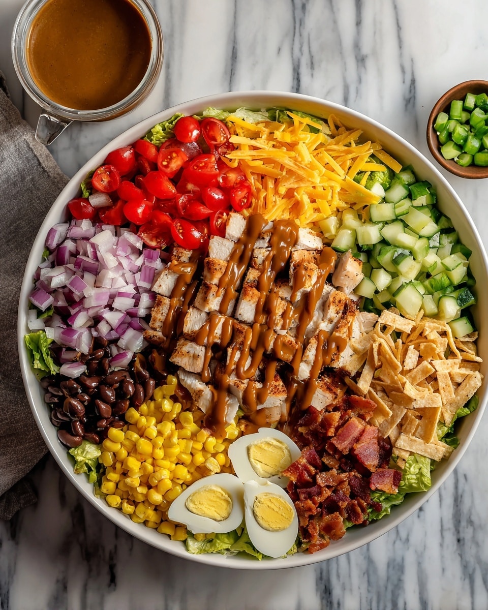 A white bowl filled with a colorful salad is arranged in layers, starting with a base of green lettuce leaves. On top, there are sections of diced red tomatoes, chopped purple onions, shredded orange cheddar cheese, chopped boiled eggs with yellow yolk and white, crispy brown bacon bits, yellow corn kernels, black beans, small green cucumber cubes, and thin crunchy tan tortilla strips. At the center, there are thick, grilled chicken pieces with a golden-brown color, covered with shiny dark brown barbecue sauce drizzled over them. The salad is garnished with chopped green onions scattered lightly over the ingredients. The bowl is placed on a white marbled surface with a small white bowl of extra sauce nearby. Photo taken with an iphone --ar 4:5 --v 7