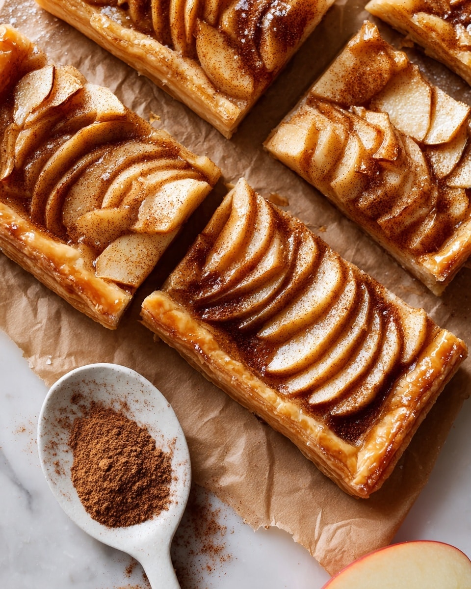 The image shows rectangular slices of apple tart on a white marbled surface, each with a thick, golden brown puff pastry crust that is crispy and flaky, surrounding a middle layer of evenly sliced, soft apple pieces arranged in a neat fanned pattern. The apples are light yellow with a dusting of cinnamon that adds a deep brown color on top. The tart layers include the bottom puff pastry layer, a thin layer of apple filling, the sliced apples with cinnamon, and the thick edge crust. In the corner, a white ceramic spoon holds ground cinnamon powder. There is also a partial view of a sliced apple nearby. Photo taken with an iphone --ar 4:5 --v 7