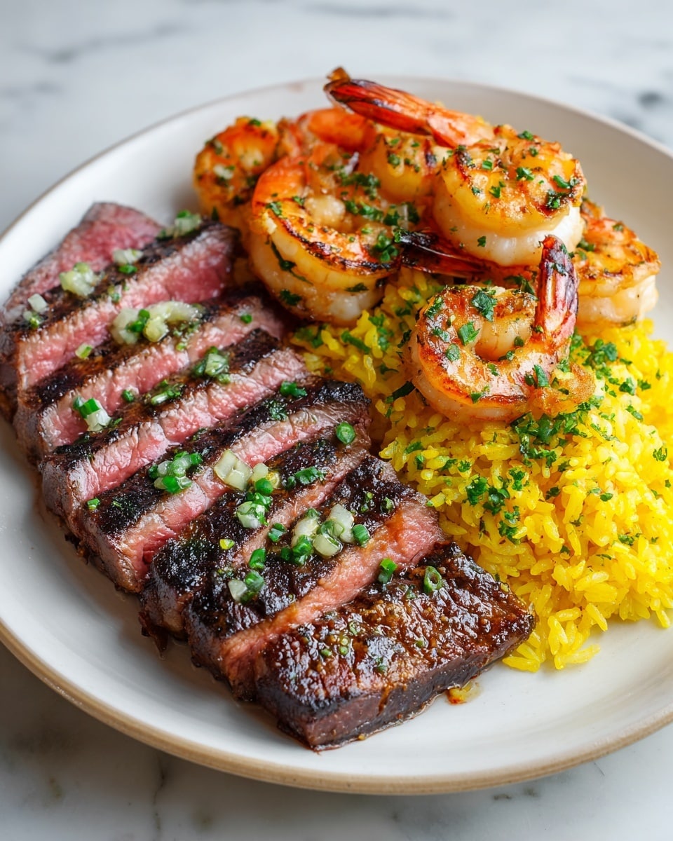 A close-up image of a black plate on a white marbled surface filled with three main layers: sliced grilled steak on the left with visible char marks and medium-rare inside showing pink, juicy texture; grilled shrimp in the middle with golden-orange color and light charring, garnished with chopped green herbs; and a bed of yellow rice on the right, fluffy and slightly glossy, also sprinkled with green herbs. The focus captures the textures and colors vividly, creating an inviting look. Photo taken with an iphone --ar 4:5 --v 7