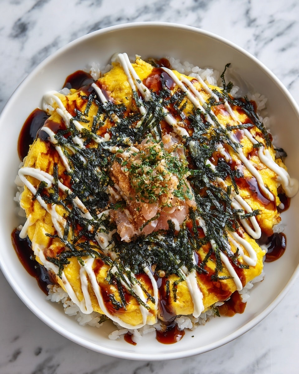 A white bowl filled with a base layer of white rice, topped with a bright yellow layer of cooked egg or omelette. Above this is a layer of dark, crispy seaweed scattered unevenly. Drizzled over the top are creamy white sauce lines and some dark reddish-brown sauce creating contrast, with the sauces flowing down the sides. The dish sits on a soft white marbled surface. photo taken with an iphone --ar 4:5 --v 7