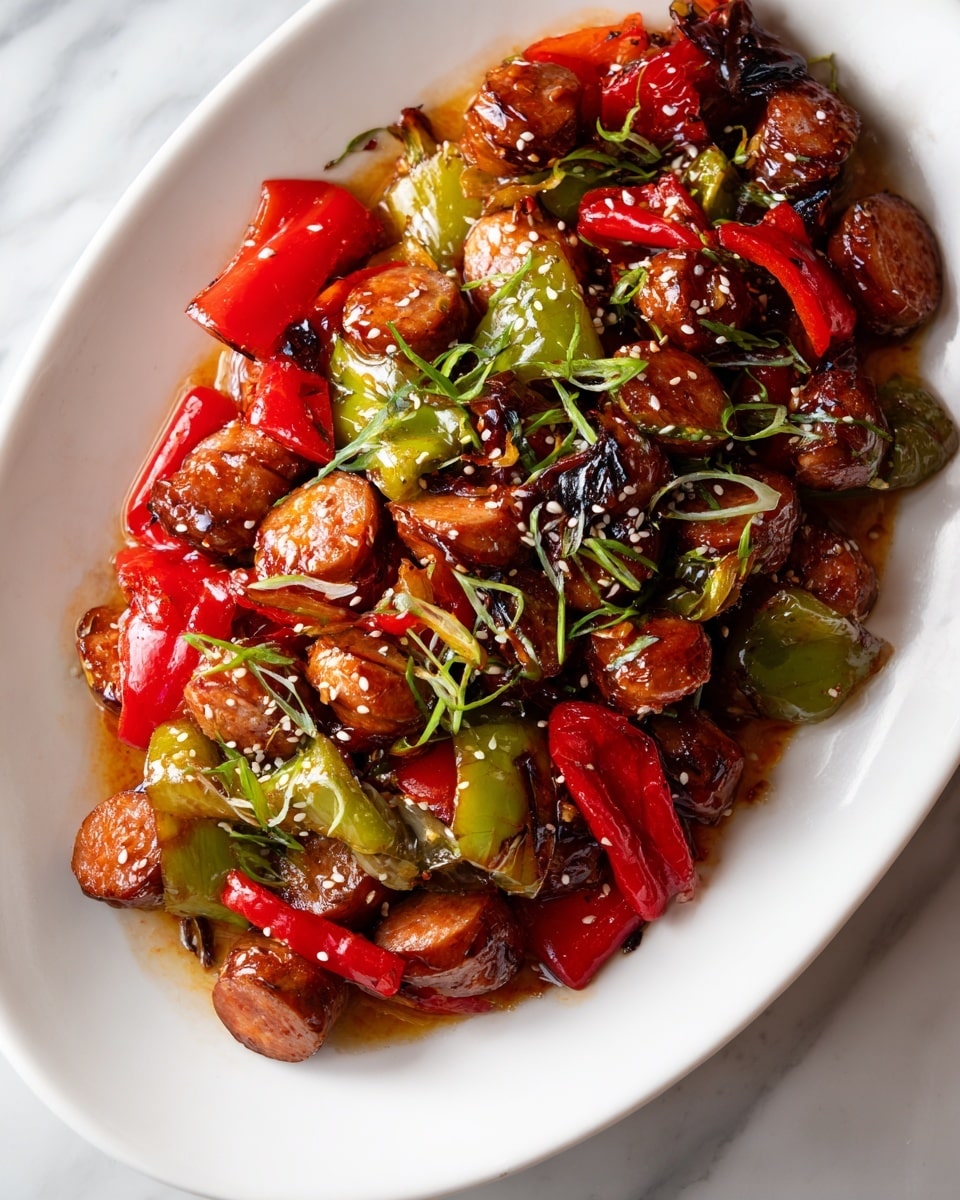 The image shows a white plate filled with glossy, reddish-brown sausages that have spiral cuts on them, giving them a textured look. Mixed among the sausages are bright red chunks and dark green pieces of bell pepper, both glistening with sauce. Small sesame seeds are sprinkled over the whole dish, adding contrast and texture. The food sits on a white marbled surface. photo taken with an iphone --ar 4:5 --v 7