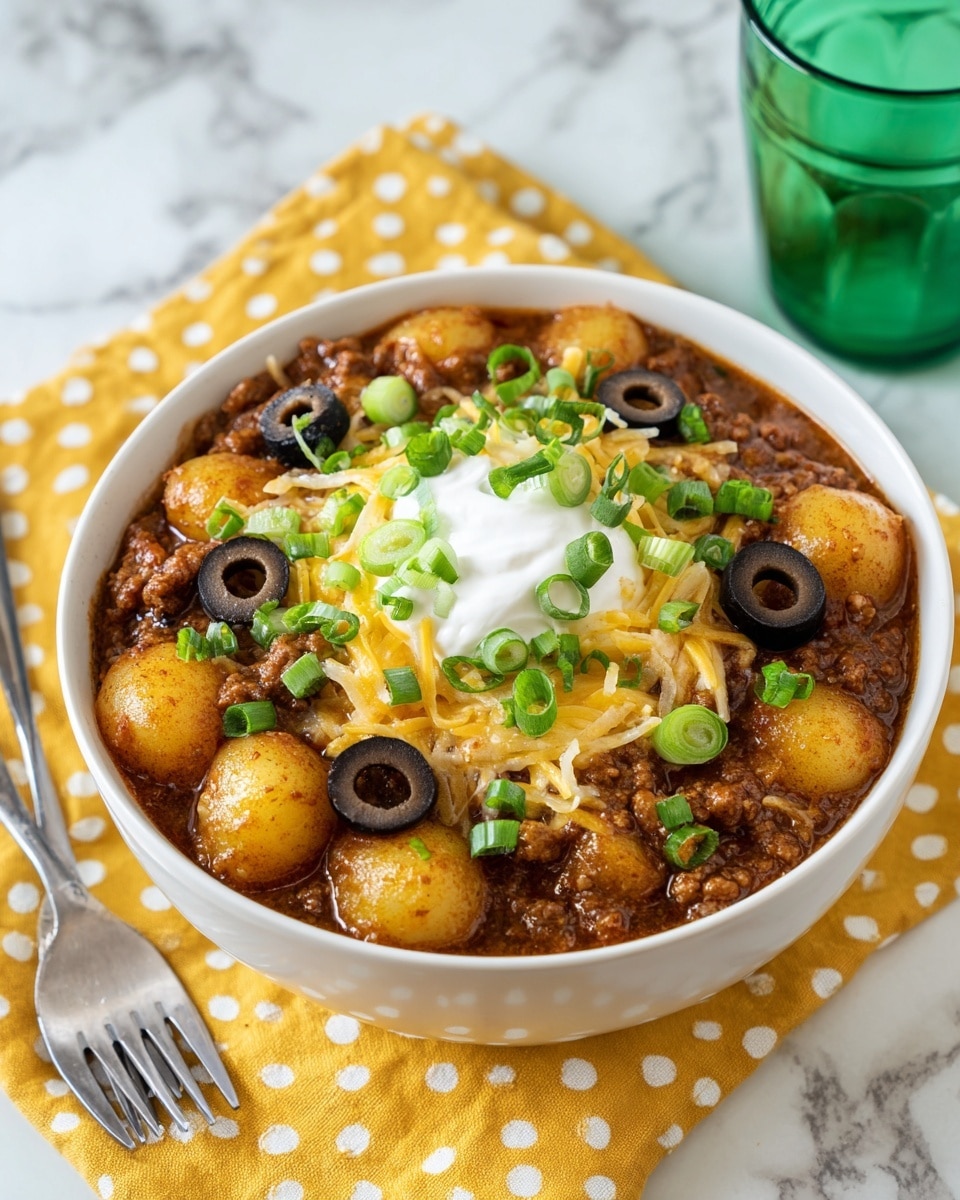A white bowl filled with a thick stew that has a rich brown ground meat sauce mixed with small gnocchi pieces coated in the sauce. On top, there are thin slices of black olives scattered around and a sprinkle of shredded cheese creating a small golden layer. A dollop of white sour cream sits in the center as the top layer, adding a smooth texture contrast. Some green onion slices are also visible mixed into the stew. The bowl is set on a white marbled surface with a yellow cloth featuring white polka dots underneath, and a silver fork and spoon are placed beside the bowl. photo taken with an iphone --ar 4:5 --v 7