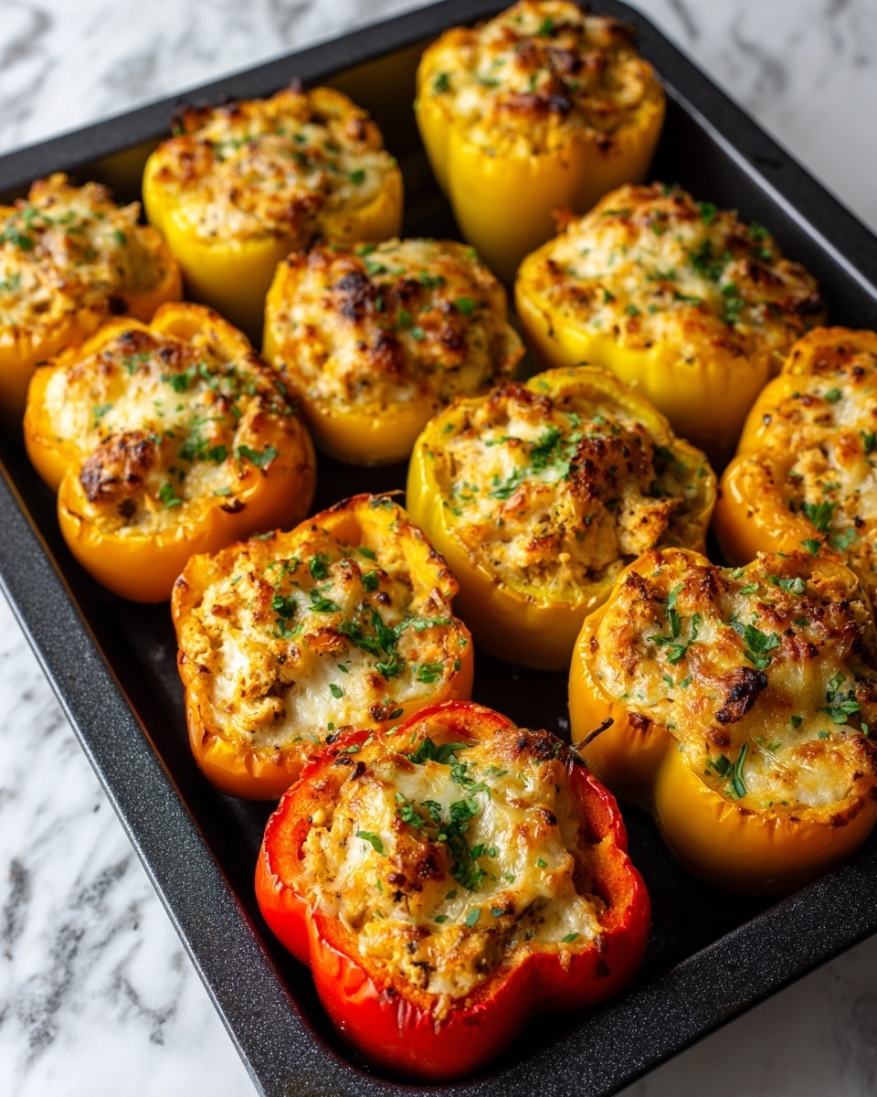 A dark baking tray holds six stuffed pepper halves arranged in two columns of three. Each pepper is cut in half lengthwise with their stems still attached, showing a mix of red and bright yellow colors. They are filled with a chunky mixture of browned chicken pieces and melted, slightly browned cheese on top, which creates a gooey and crispy texture. Small green herb bits are sprinkled over the filling, adding a fresh touch. The tray sits on a white marbled surface. photo taken with an iphone --ar 4:5 --v 7