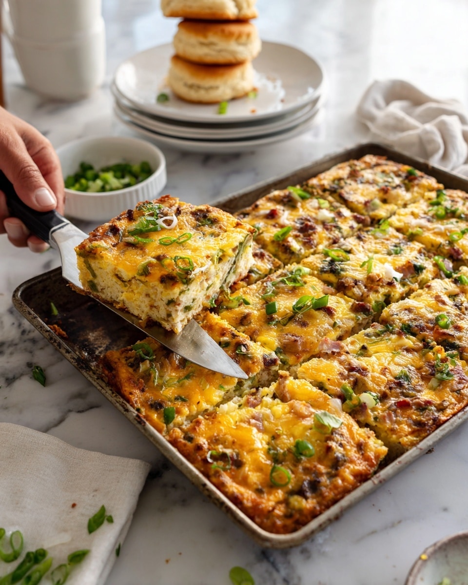 The image shows a rectangular baked egg dish cut into eight square pieces in a metal baking tray. The top layer is golden yellow with melted orange cheese scattered across, mixed with green herbs and small bits of browned meat. The texture looks fluffy and moist with some crisp spots on the edges. In the background, there is a small white bowl filled with chopped green onions, a stack of white plates with a biscuit on top, and a metal bowl with a reddish sauce. The tray sits on a dark wooden surface with a green cloth nearby, all over a white marbled texture. Photo taken with an iphone --ar 4:5 --v 7