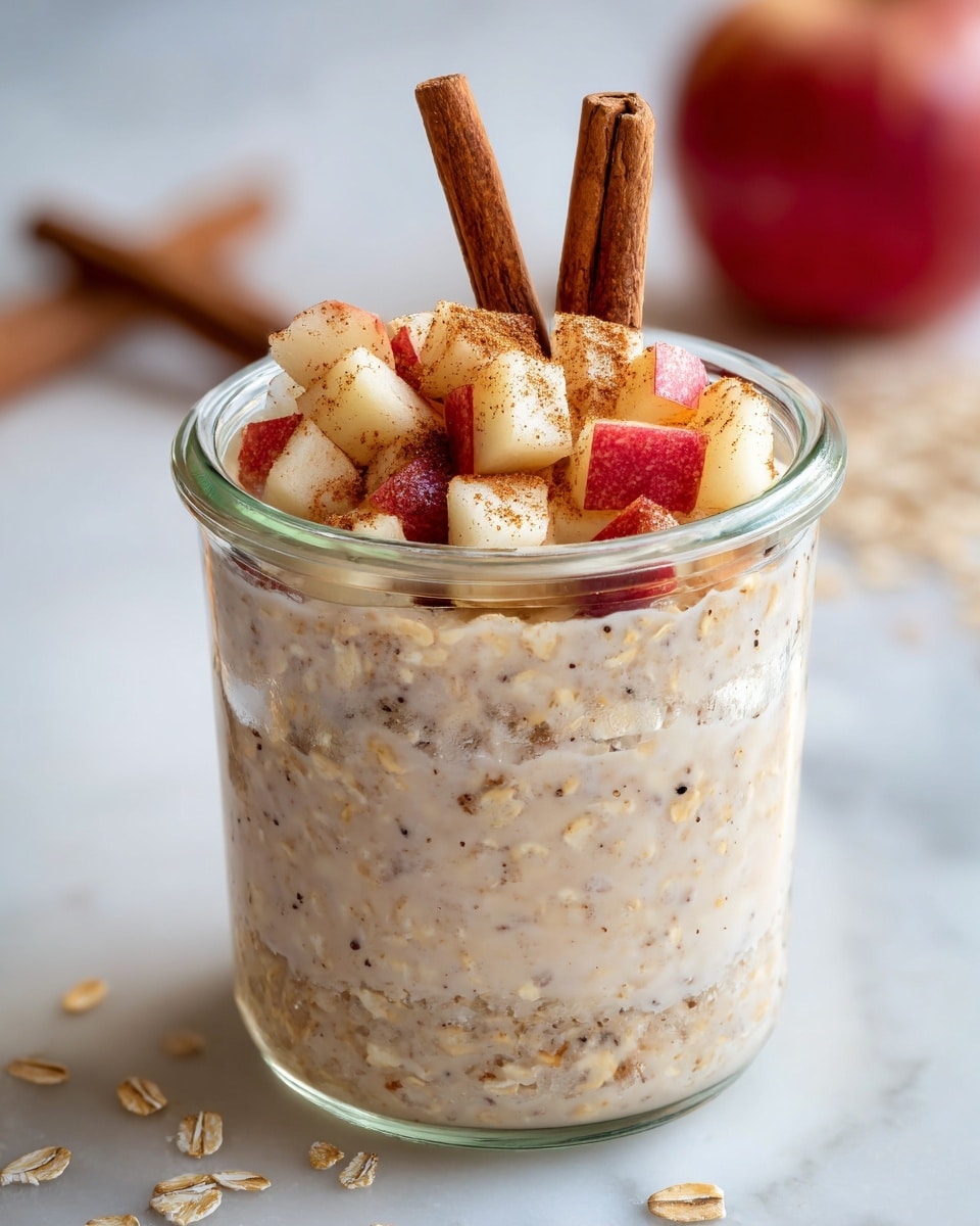 A clear glass jar filled with three layers: the bottom layer is thick and creamy oatmeal mixed with tiny dark specks, showing a textured, coarse surface in light brown color; above that, small chopped apple pieces with red skin and white flesh are scattered, sprinkled with some cinnamon powder; two long brown cinnamon sticks stand vertically in the jar, rising above the apple chunks. The jar is placed on a surface with a white marbled texture, with a blurred red apple and scattered oats in the background photo taken with an iphone --ar 4:5 --v 7