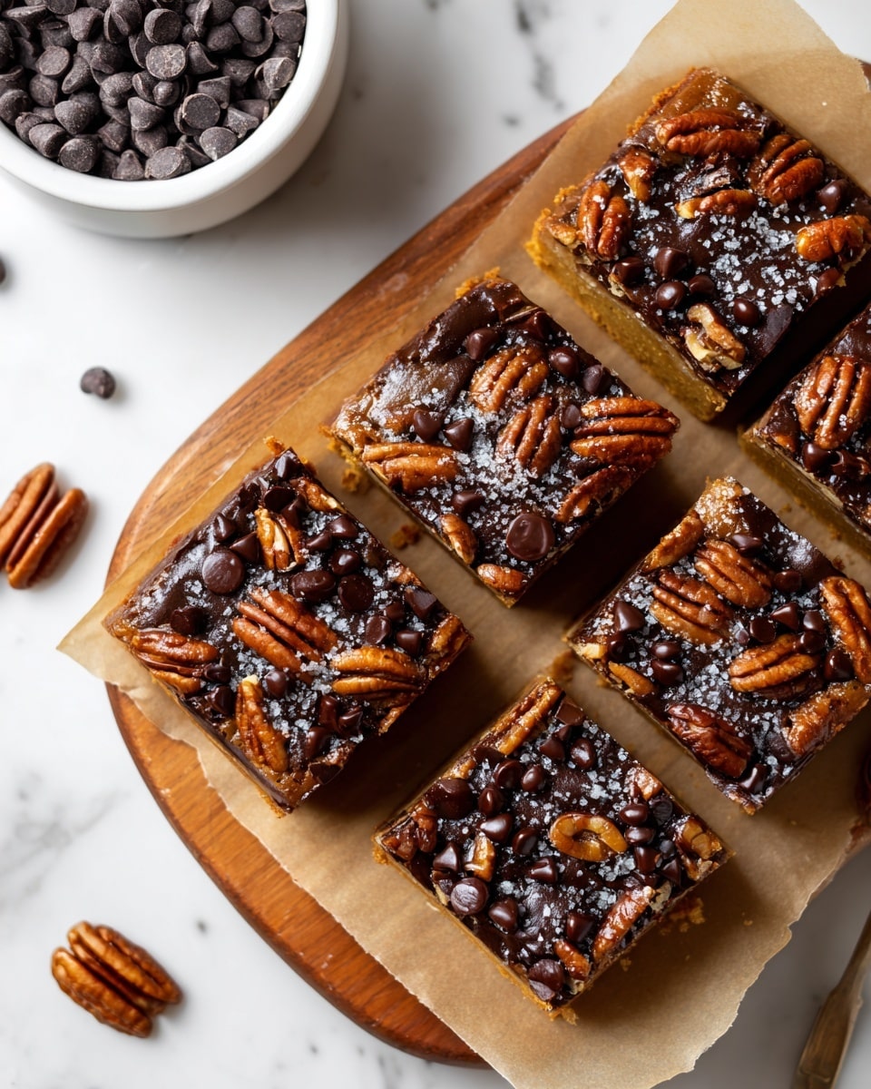 A wooden board holds six square pecan bars arranged closely, each bar having a golden-brown base with a glossy, caramelized top layer covered in whole toasted pecans and scattered dark chocolate chips. The bars' texture looks chewy and moist with some flaky sea salt sprinkled over them, adding a slight contrast. The board is placed on a white marbled surface, and a white bowl filled with dark chocolate chips is partially visible on the left side. The overall look is rich and inviting, showing detailed close-up focus on the sweetness and nutty texture of the bars. photo taken with an iphone --ar 4:5 --v 7