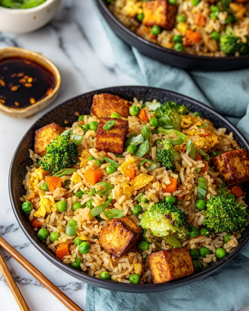 The image shows a bowl of fried rice with three main layers: the base layer is light brown fried rice, the middle layer has bright green broccoli florets, green peas, and light orange carrot pieces scattered evenly, and the top layer features golden-brown tofu cubes mixed in. The bowl is white and sits on a soft blue cloth, with wooden chopsticks resting beside it on a white marbled surface. In the background, there is a blurred bowl with more fried rice and a small bowl of sauce. Photo taken with an iphone --ar 4:5 --v 7