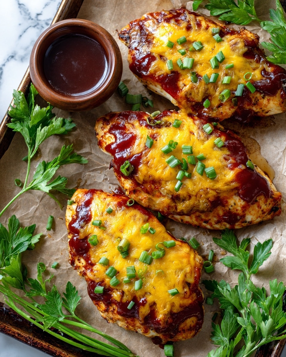 Three cooked chicken breasts are placed on brown parchment paper on a baking tray. Each chicken breast is covered with a layer of melted orange-yellow cheese mixed with a reddish-brown barbecue sauce, giving them a glazed look. Small chopped green onion pieces are scattered on top, adding a bright green contrast. Around the chicken are a few sprigs of fresh green parsley. To the left, there is a small round bowl filled with smooth, dark reddish barbecue sauce. The whole scene is set against a white marbled surface. Photo taken with an iphone --ar 4:5 --v 7