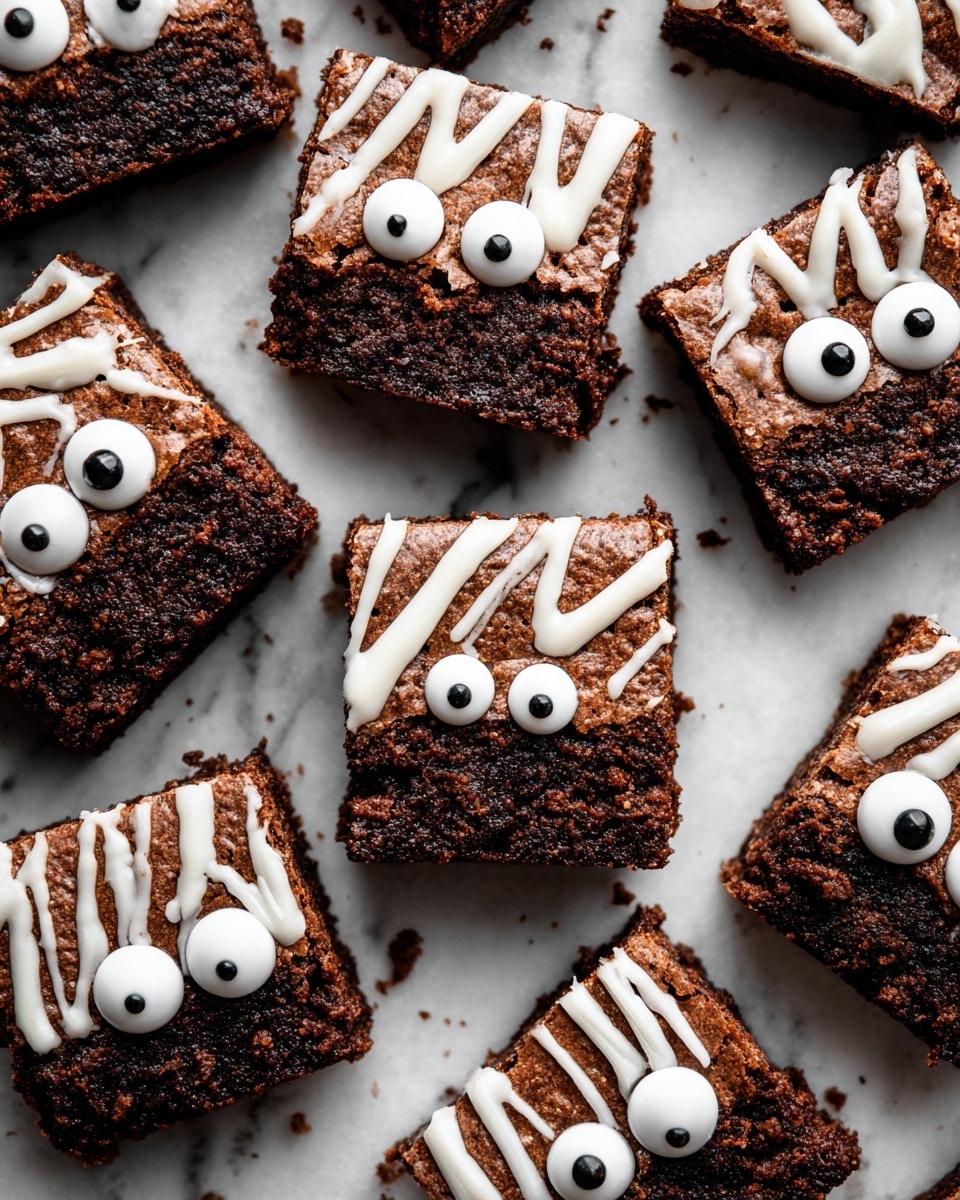 The image shows a batch of brownies cut into square pieces arranged on a light parchment paper over a white marbled surface. Each brownie is a rich dark brown with a slightly cracked texture on top, giving a homemade look. They are decorated with white icing drizzled in thick and thin lines across the top, creating a pattern that resembles mummy wrapping. On two brownies, the white icing is thicker and has two small round candy eyes placed close together near the center, adding a playful, spooky touch. The white icing contrasts with the dark brown brownies, and the overall appearance is neat with some uneven splashes of icing on the edges. photo taken with an iphone --ar 4:5 --v 7