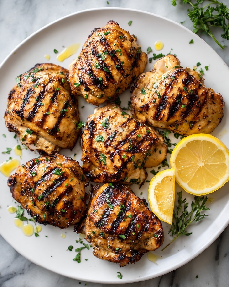 The image shows six grilled chicken thighs arranged on a white plate with a white marbled surface underneath. Each thigh has visible grill marks with a mix of golden brown and slightly charred textures, topped with green herbs scattered across the surface. There are also light juice stains around the chicken pieces. Two lemon wedges are placed on the plate’s bottom right side, one whole lemon half lies on the top left thigh, and a sprig of parsley is placed near the bottom left corner of the plate. The whites of the lemons contrast with the brown chicken and green herbs, creating a fresh look. Photo taken with an iphone --ar 4:5 --v 7
