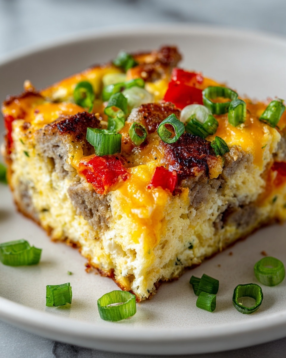 A close-up of a square slice of baked egg casserole on a white plate, showing several visible layers: a crispy golden brown and slightly charred crust on the edges, a soft yellow egg base mixed with white curds inside, and chunks of browned sausage and pieces of bright red bell pepper scattered throughout. The top layer is melted cheddar cheese with a rich golden color, sprinkled generously with fresh chopped green onions, which also scatter slightly on the plate. The plate rests on a white marbled surface. photo taken with an iphone --ar 4:5 --v 7