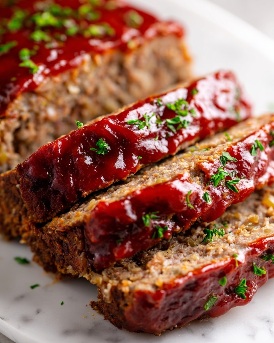 Four thick slices of meatloaf are arranged in a row on a white plate, each slice topped with a glossy reddish-brown sauce spread evenly on the top surface. The meatloaf has a coarse texture with visible bits of herbs and onion inside, while small green herb pieces are sprinkled on top of the sauce. The background is a white marbled texture. photo taken with an iphone --ar 4:5 --v 7