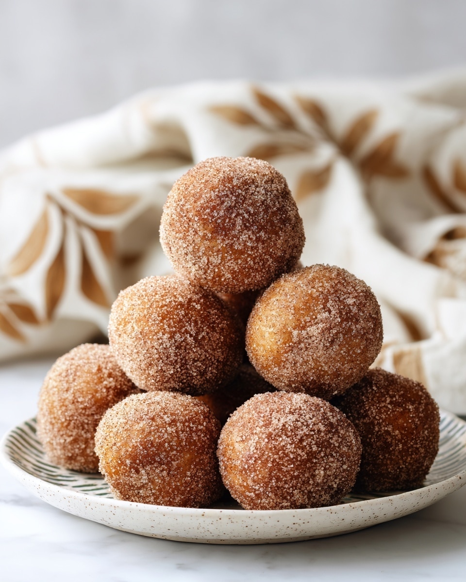 A stack of around fifteen small round balls covered in a light brown sugar and cinnamon coating, giving them a slightly grainy texture and a dusty look. The balls are piled in a pyramid shape on a white plate with a geometric pattern, placed on a white marbled surface. A white cloth with brown and green leaf prints is softly blurred in the background, adding a cozy touch to the scene. photo taken with an iphone --ar 4:5 --v 7