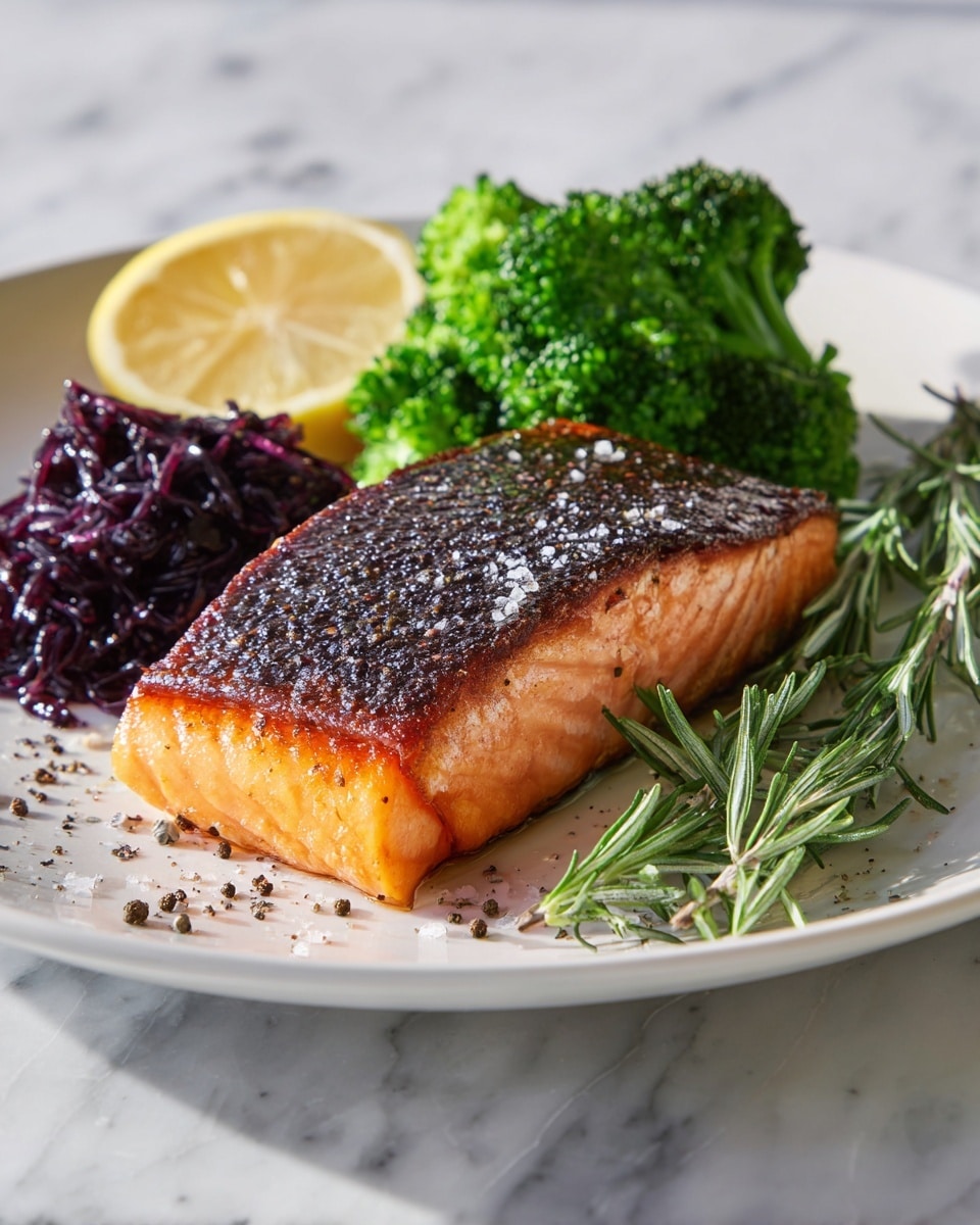 A white plate holds a thick piece of cooked salmon with a dark, crispy, slightly charred top layer and a bright orange, flaky bottom layer. Behind the salmon, steamed green broccoli florets and a wedge of yellow lemon add color. On the side, there is a small pile of dark purple seaweed. The plate sits on a wooden board with sprigs of fresh green herbs around it, and the surface below is a white marbled texture. Photo taken with an iphone --ar 4:5 --v 7