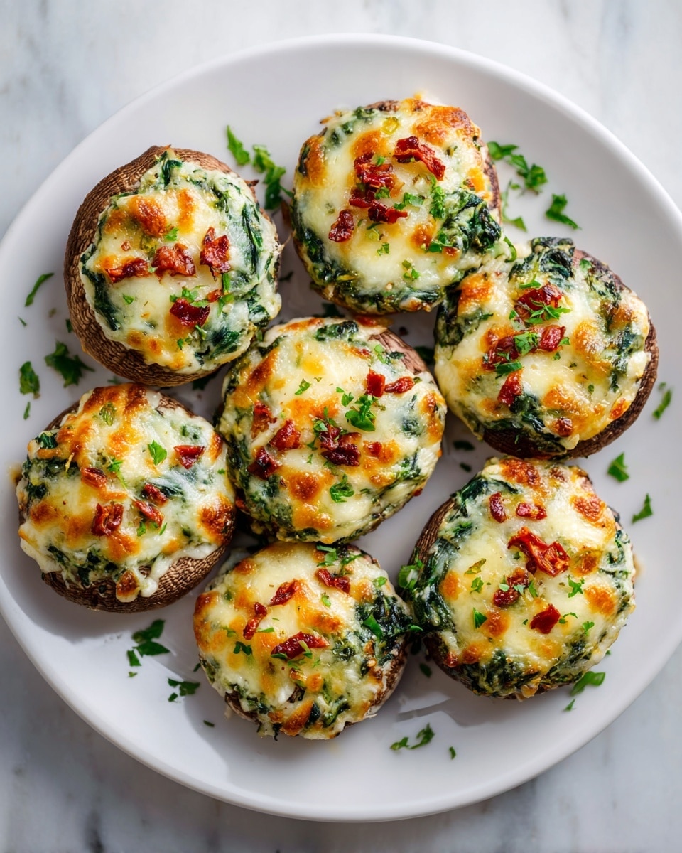 Seven stuffed mushrooms sit on a white plate with a white marbled surface beneath it. Each mushroom has three layers: a brown roasted mushroom base with a slightly wrinkled texture, a dark green spinach filling mixed with cream cheese, and a golden melted cheese topping that is slightly browned in spots. On top of the cheese layer are small pieces of sun-dried tomato in deep red, scattered unevenly. Fresh chopped green parsley is sprinkled on top of the mushrooms and around the plate for garnish. The lighting highlights the creamy texture of the cheese and the rustic look of the mushrooms. photo taken with an iphone --ar 4:5 --v 7