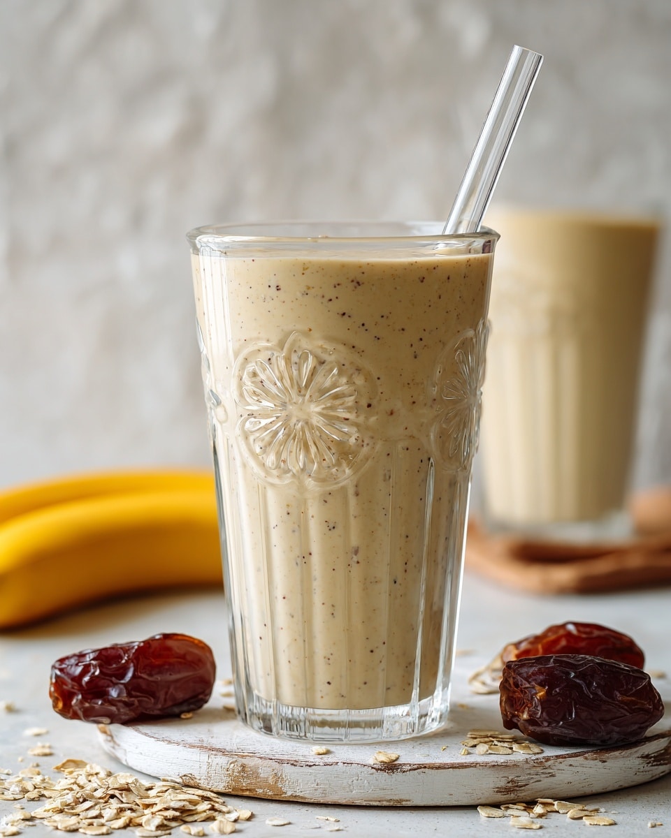 The image shows a tall clear glass filled with a creamy light brown smoothie with tiny dark specks throughout, with a smooth texture and a glass straw inside. The glass has a decorative circular pattern and vertical ridges. It is placed on a small white wooden board with a worn texture, surrounded by bright yellow bananas and dark, wrinkled dates resting on a white marbled surface. In the background, there is a second glass of smoothie matching the first, slightly blurred. The setting is bright with soft, natural light. photo taken with an iphone --ar 4:5 --v 7