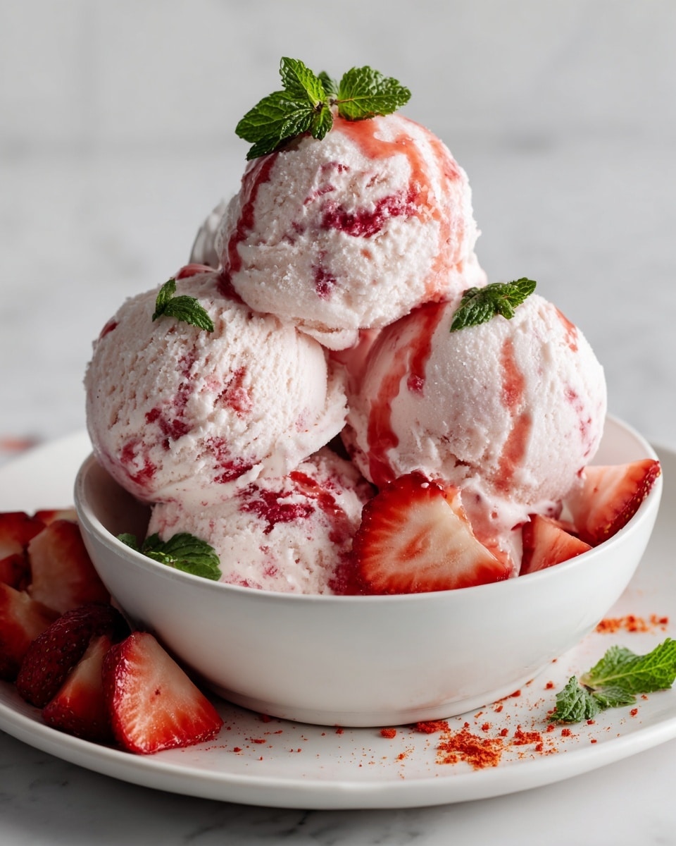 A white bowl filled with five round scoops of pink strawberry ice cream stacked in a pyramid shape, each scoop showing soft texture with bits of strawberry inside. The ice cream is topped with thin red syrup drizzles and small red crumbs. Fresh green mint leaves are placed on top and between the scoops as garnish. Around the base of the scoops are halved fresh strawberries with visible texture. The bowl sits on a white plate, with more red crumbs scattered lightly on the plate and a white marbled surface below. In the background, a blurred strawberry and a golden spoon are visible. photo taken with an iphone --ar 4:5 --v 7
