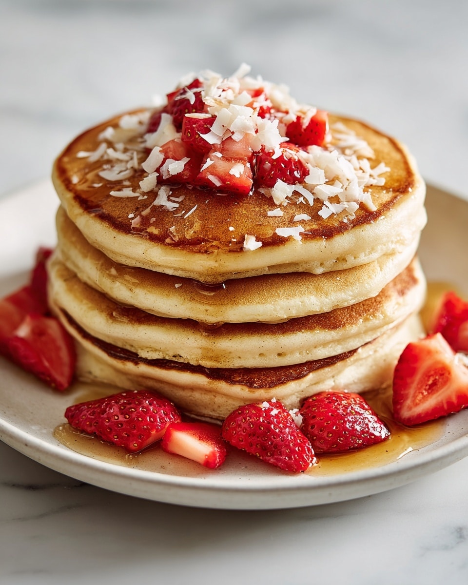 A stack of four golden brown pancakes sits in the center of a white plate, each pancake fluffy with slightly darker cooked edges. On top, a layer of roughly chopped red strawberries and a sprinkling of white shredded coconut cover the pancakes, with syrup drizzled over and pooling slightly at the base. Around the plate’s edge, large strawberry halves are placed evenly, bright red with a juicy texture. The plate rests on a white marbled surface. photo taken with an iphone --ar 4:5 --v 7