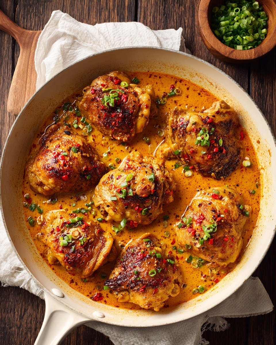A white pan filled with seven pieces of browned chicken thighs, covered in a thick, shiny, orange creamy sauce. The chicken pieces are arranged close to each other in a roughly circular pattern inside the pan. Small pieces of chopped green onions are sprinkled over the chicken and sauce, adding a fresh green contrast. The pan sits on a wooden table with a small wooden bowl labeled with extra chopped green onions on the top right and a light gray cloth visible near the handle on the bottom right. The overall look is warm and inviting with a glossy texture on the sauce. photo taken with an iphone --ar 4:5 --v 7
