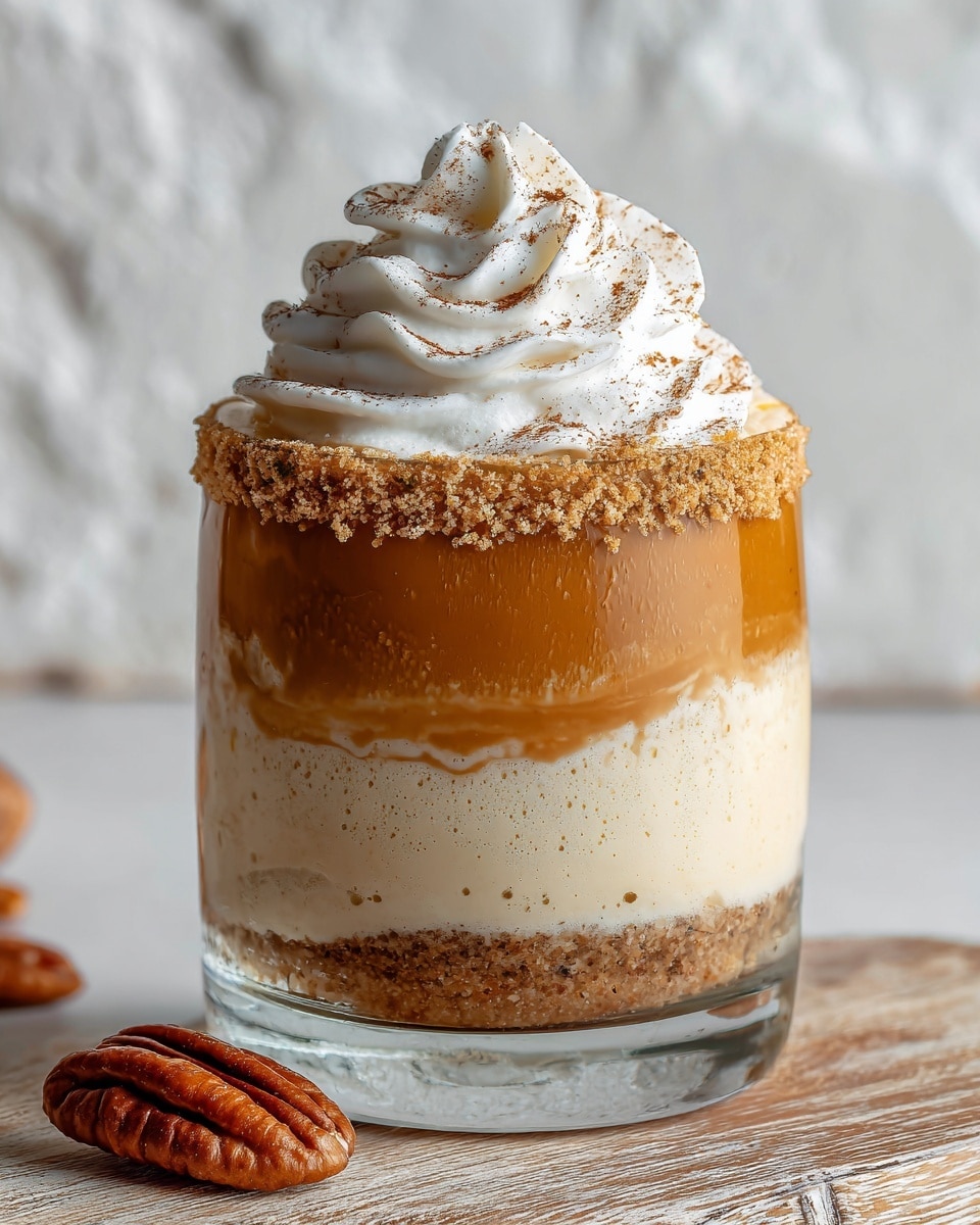 The image shows a small glass cup filled with three clear layers. The bottom layer is crumbly and brown, looking like crushed cookies or nuts. The middle layer is creamy and light beige with a smooth texture, and the top layer is a thick, caramel-colored layer. On top, there is a generous swirl of white whipped cream sprinkled lightly with cinnamon or nutmeg. A single glossy pecan is placed on the whipped cream near the edge. The background is a white marbled surface. Photo taken with an iphone --ar 4:5 --v 7