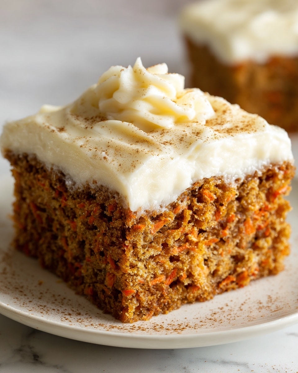 A close-up image of a single square piece of carrot cake with two layers: the bottom layer is a rich, moist, orange-brown cake with a slightly rough texture, and the top layer is a thick, creamy white frosting spread smoothly with small peaks, sprinkled lightly with a dusting of cinnamon or nutmeg. The cake sits directly on a white marbled surface. photo taken with an iphone --ar 4:5 --v 7
