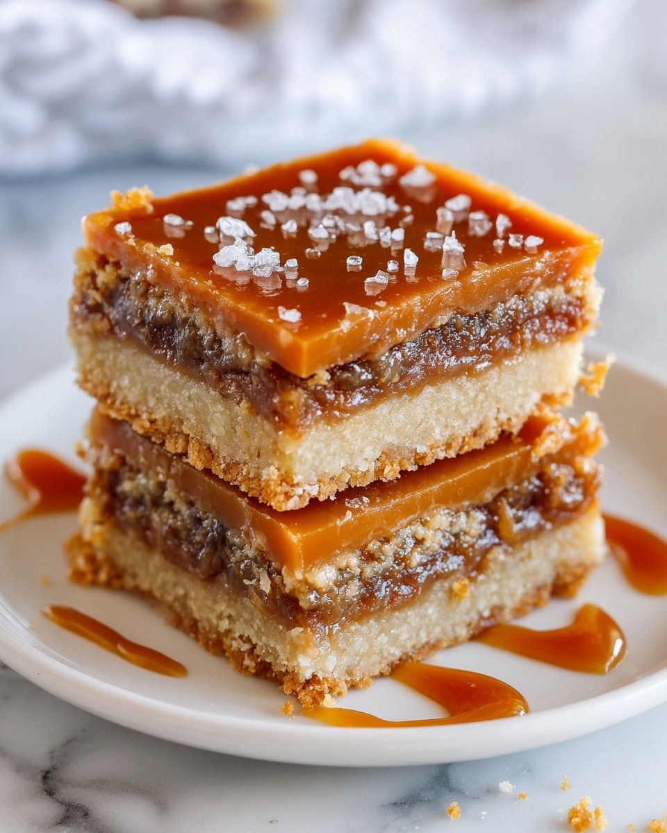 The image shows two square dessert bars stacked on top of each other on a white surface with a white marbled texture. Each bar has three layers: a crumbly light golden base layer, a middle layer of sticky brown filling with a slightly grainy texture, and a smooth glossy caramel layer on top with drizzles of caramel sauce. There are small crumbs scattered around the bars and a streak of caramel sauce near the bottom edge. The background is softly blurred and neutral. photo taken with an iphone --ar 4:5 --v 7