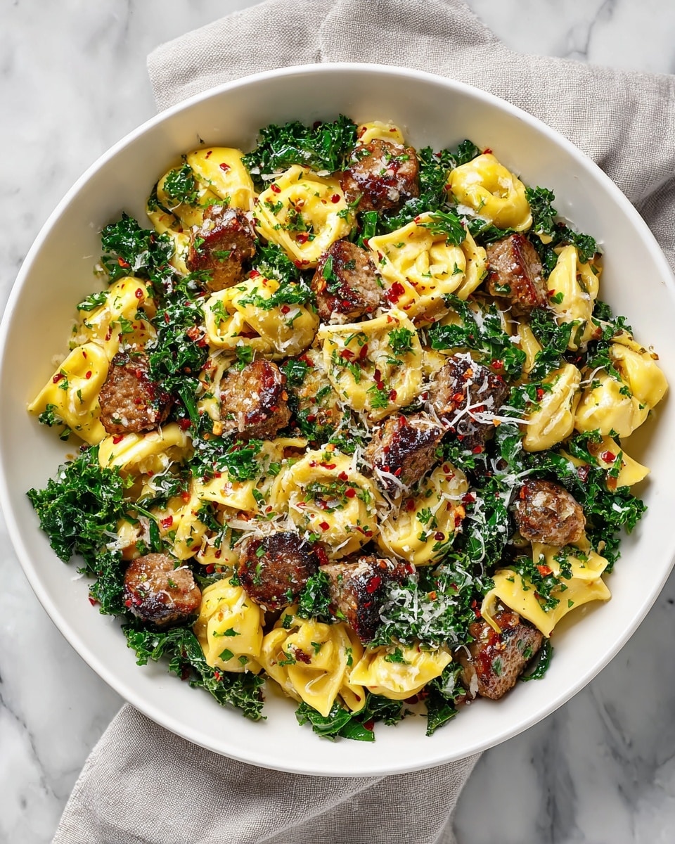 A white plate holds a colorful dish with three main layers; the bottom layer is bright green cooked kale with a slight shine, the middle layer has golden-yellow tortellini pasta pieces that look soft and filled, and the top layer is scattered with browned sausage chunks and sprinkled with grated cheese and red chili flakes. The kale is spread around the plate, with pasta placed evenly on top, and the sausage pieces resting mostly on the pasta. The cheese and chili flakes add texture and small spots of white and red across the dish. The plate sits on a white marbled surface with part of a gold fork visible near the top edge. photo taken with an iphone --ar 4:5 --v 7