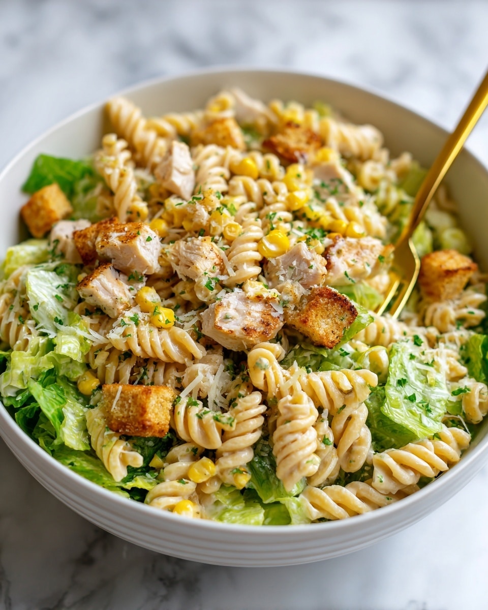 A white bowl filled with a pasta salad showing three clear layers; the bottom layer has green lettuce leaves with a fresh texture, the middle layer includes yellow corn kernels scattered around, and the top layer has creamy coated spiral pasta mixed with small chunks of grilled chicken pieces in light brown and beige colors, sprinkled with grated cheese and small green herbs. Some crunchy brown croutons are visible mixed on top along with a golden spoon on the right side, all placed on a white marbled surface. Photo taken with an iphone --ar 4:5 --v 7
