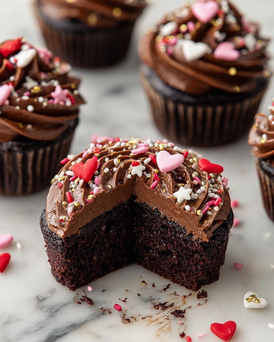 The image shows multiple chocolate cupcakes with two layers visible: the bottom layer is a rich, dark brown, moist textured cupcake base, while the top layer is thick, swirled chocolate frosting with a smooth, creamy texture in a darker brown shade. The frosting is decorated with tiny red heart shapes, small pink and white cylindrical sprinkles, silver balls, and gold star-shaped sprinkles, adding pops of red, pink, white, silver, and gold to the brown. One cupcake is partially eaten, revealing the inside texture of the base and the thick consistency of the frosting. The cupcakes sit on a white marbled surface scattered with a few fallen sprinkles. photo taken with an iphone --ar 4:5 --v 7