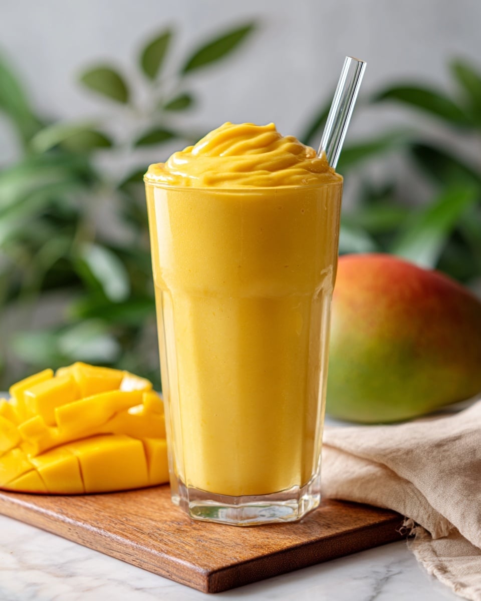A clear glass filled to the top with bright yellow mango smoothie that has a thick and smooth texture, swirling into a small peak above the rim. A clear glass straw is inserted on the right side of the glass. In the background, there is a whole ripe mango and a half mango scored into cubes, all set on a white marbled surface with a soft green plant blurred out behind them. photo taken with an iphone --ar 4:5 --v 7