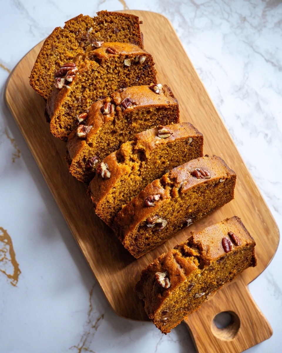 A wooden board holds six slices of pumpkin bread with a rich orange color and a textured surface. Each slice shows visible pecan pieces scattered throughout the soft and moist-looking bread. The slices are stacked leaning slightly against each other in a row, with golden brown crusts on top and sides. The board is placed on a white marbled surface with light gray veins and a streak of gold running diagonally. photo taken with an iphone --ar 4:5 --v 7