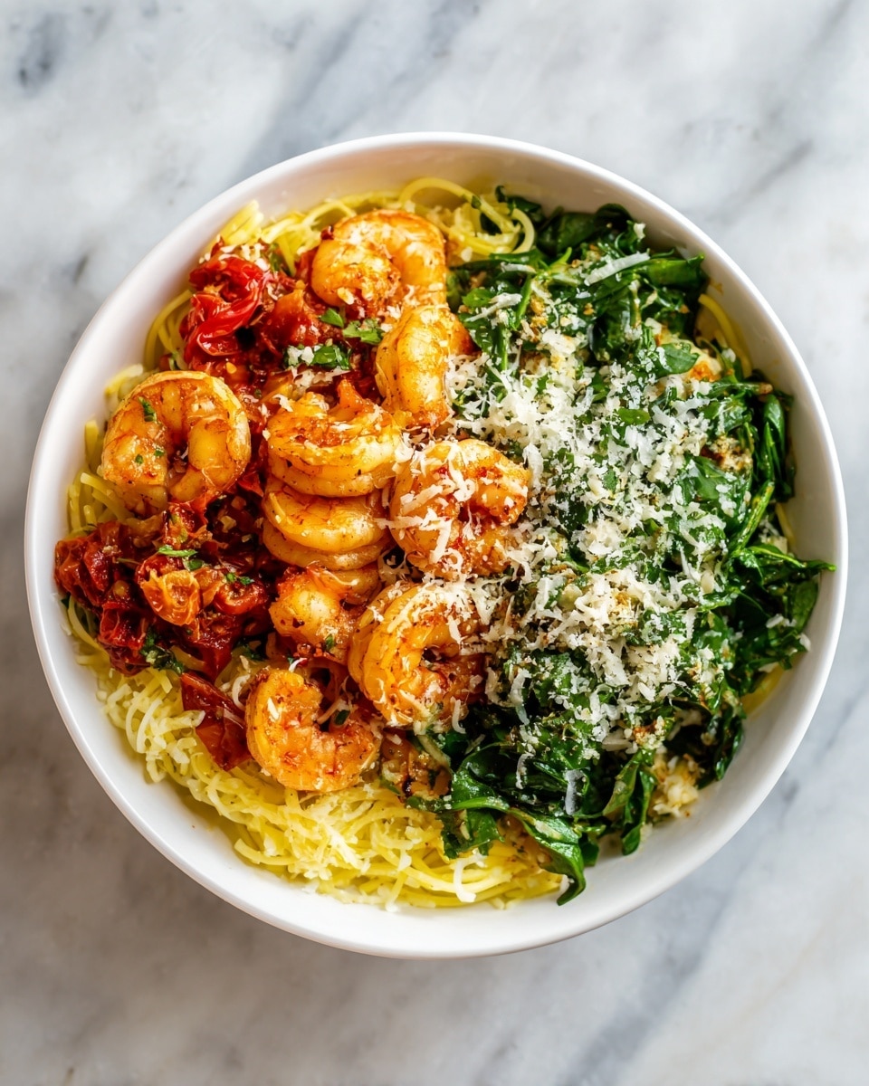 A white bowl holds a dish with three main visible layers: a base of pale yellow spaghetti noodles, scattered bright orange cooked shrimp sitting on the noodles, and green spinach leaves mixed throughout. There are halved red cherry tomatoes placed on top and around, adding pops of red. The whole dish is sprinkled with fine, light white grated cheese, slightly melting over the noodles and shrimp. The textures show tender shrimp, soft noodles, wilted spinach, and juicy tomatoes, all placed on a white marbled surface. Photo taken with an iphone --ar 4:5 --v 7