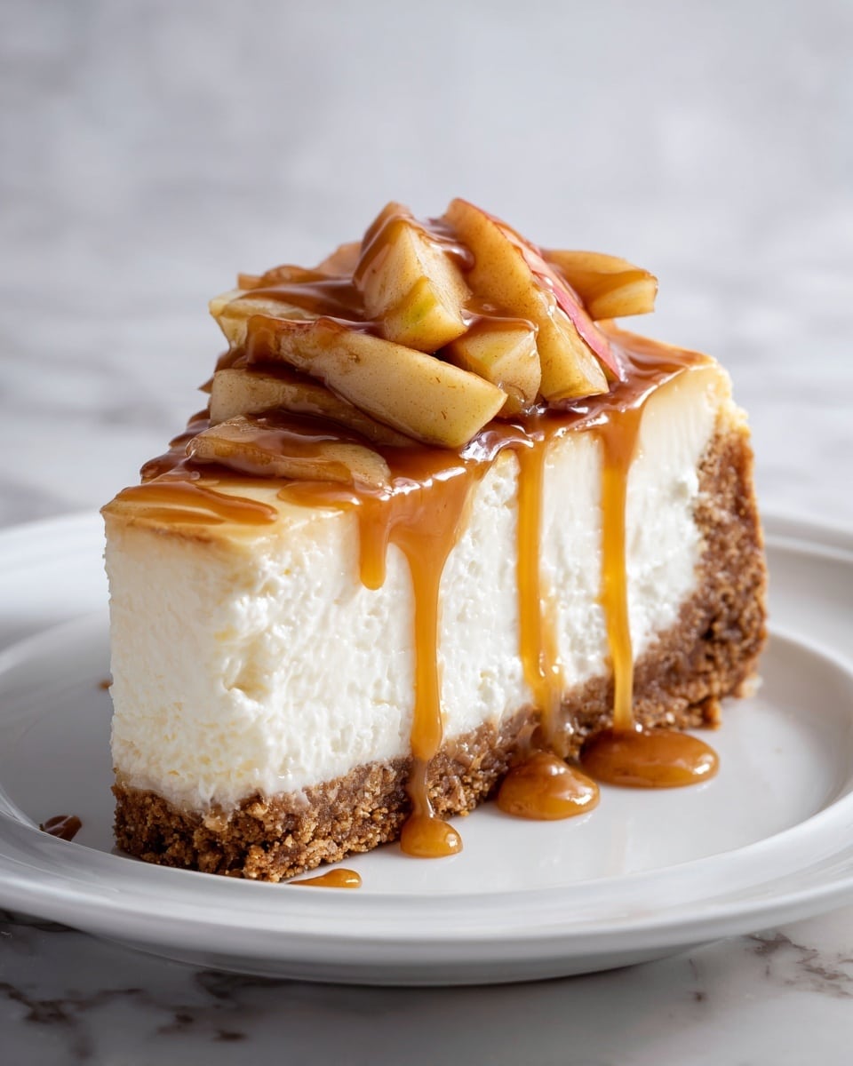 A slice of cheesecake with three visible layers sits on a white plate with a white marbled texture underneath. The bottom layer is a thick, crumbly golden-brown crust, followed by a large smooth and creamy white middle layer of cheesecake. On top, there are multiple slices of glossy, golden apple pieces with a brown cinnamon sauce dripping down the sides and pooling on the plate, adding a rich, shiny texture. Some apple slices and crumbs lie scattered beside the cheesecake on the plate. photo taken with an iphone --ar 4:5 --v 7