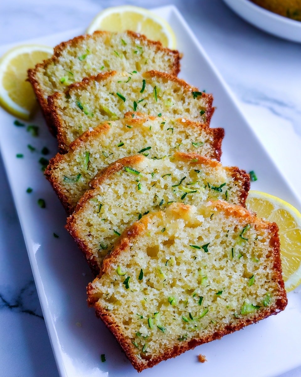The image shows five slices of moist zucchini bread arranged in a neat row on a white plate. The bread has a golden-brown crust with a light green and yellow crumb speckled with small bits of zucchini. Lemon wedges are placed around the slices, adding bright yellow and white accents to the image. The setting features a white marbled texture as the background, creating a clean and fresh look. photo taken with an iphone --ar 4:5 --v 7